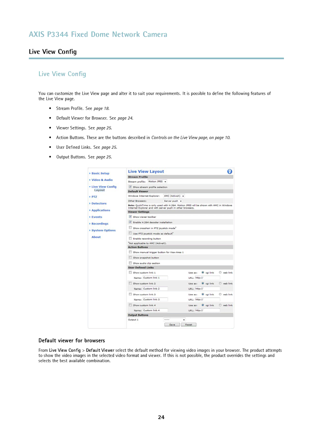 Axis Communications p3344 user manual Live View Conﬁg, Default viewer for browsers 