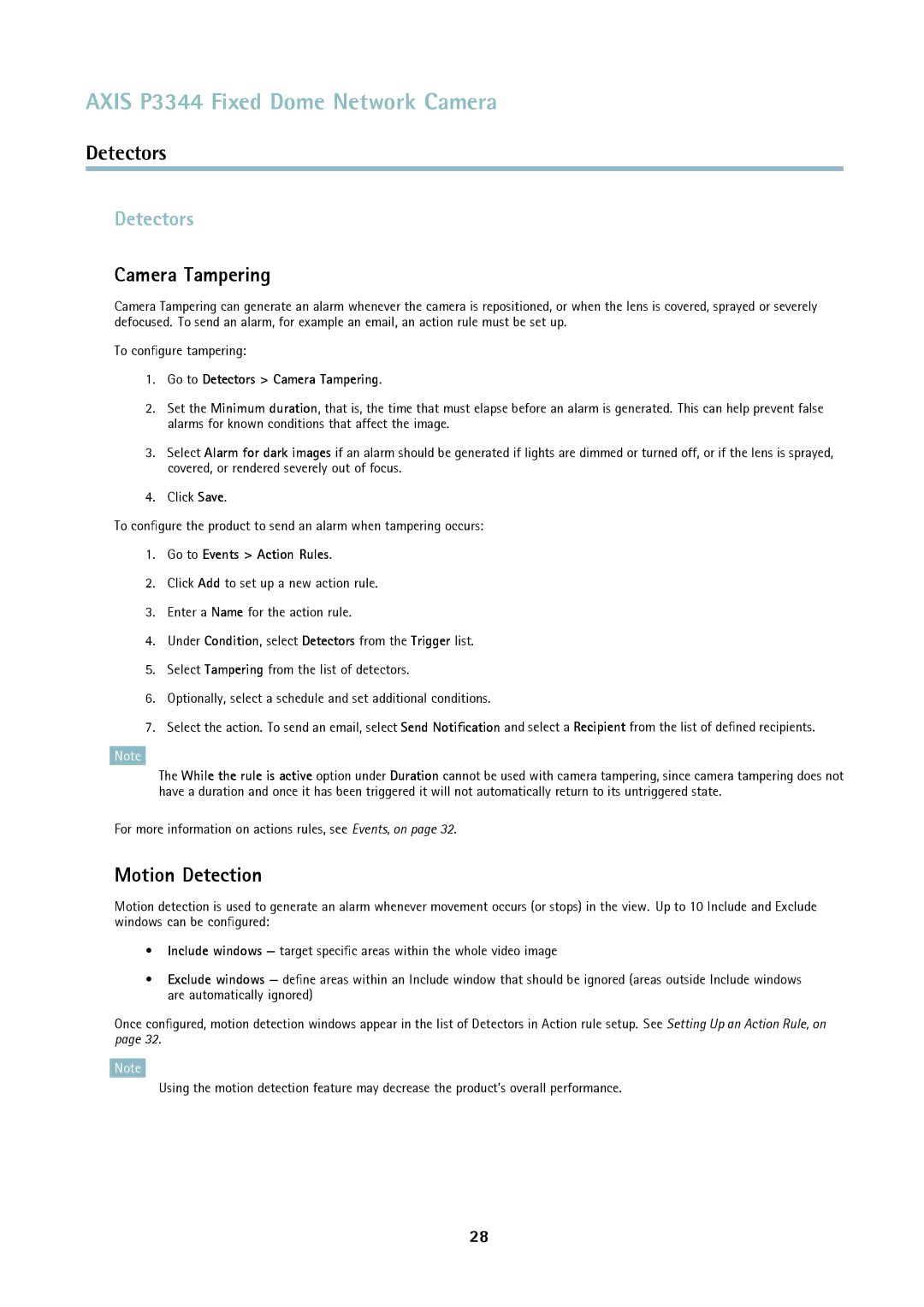 Axis Communications p3344 user manual Detectors, Camera Tampering, Motion Detection 
