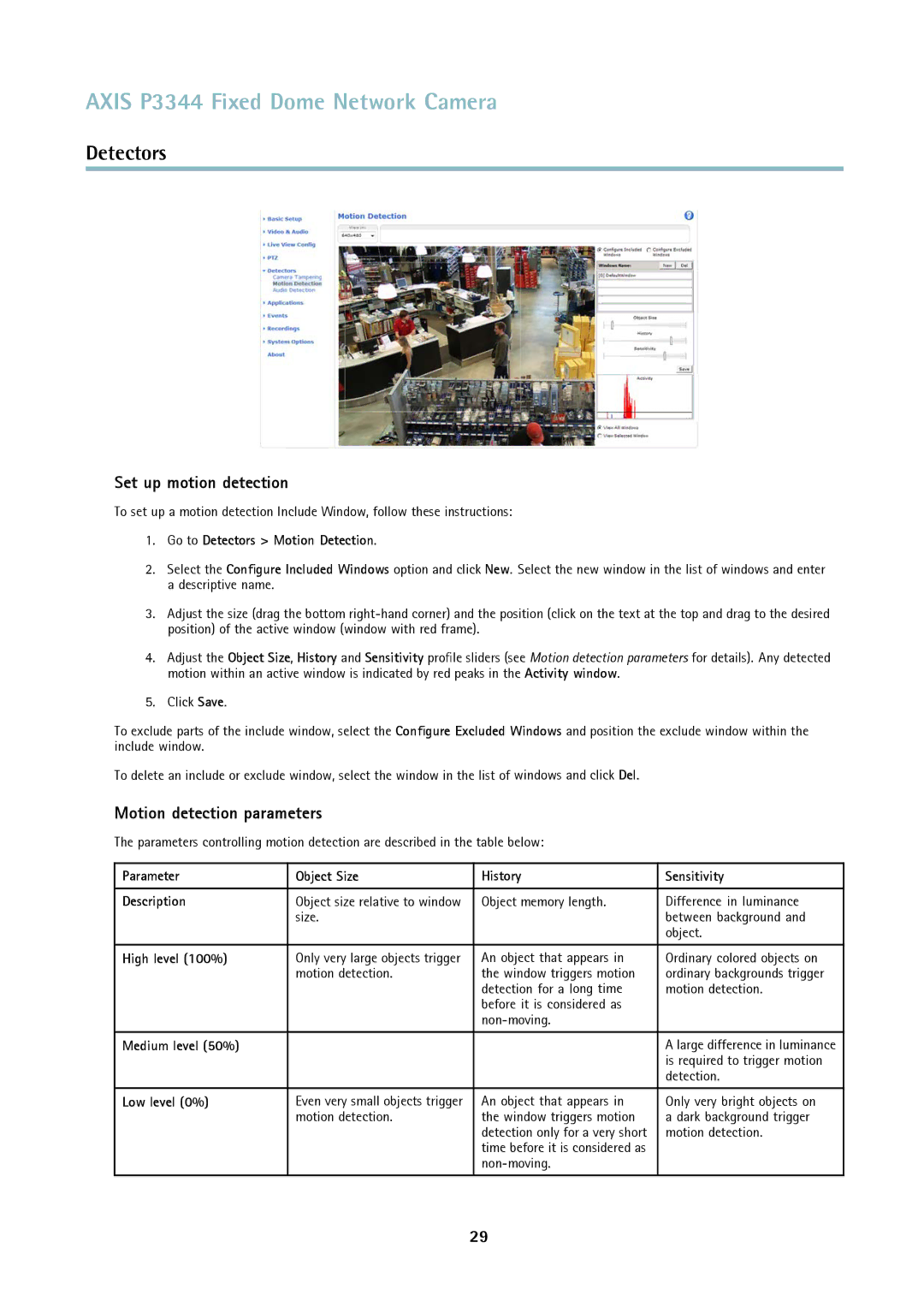 Axis Communications p3344 user manual Set up motion detection, Motion detection parameters 