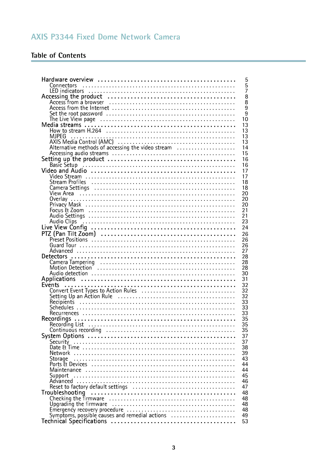 Axis Communications p3344 user manual Axis P3344 Fixed Dome Network Camera, Table of Contents 