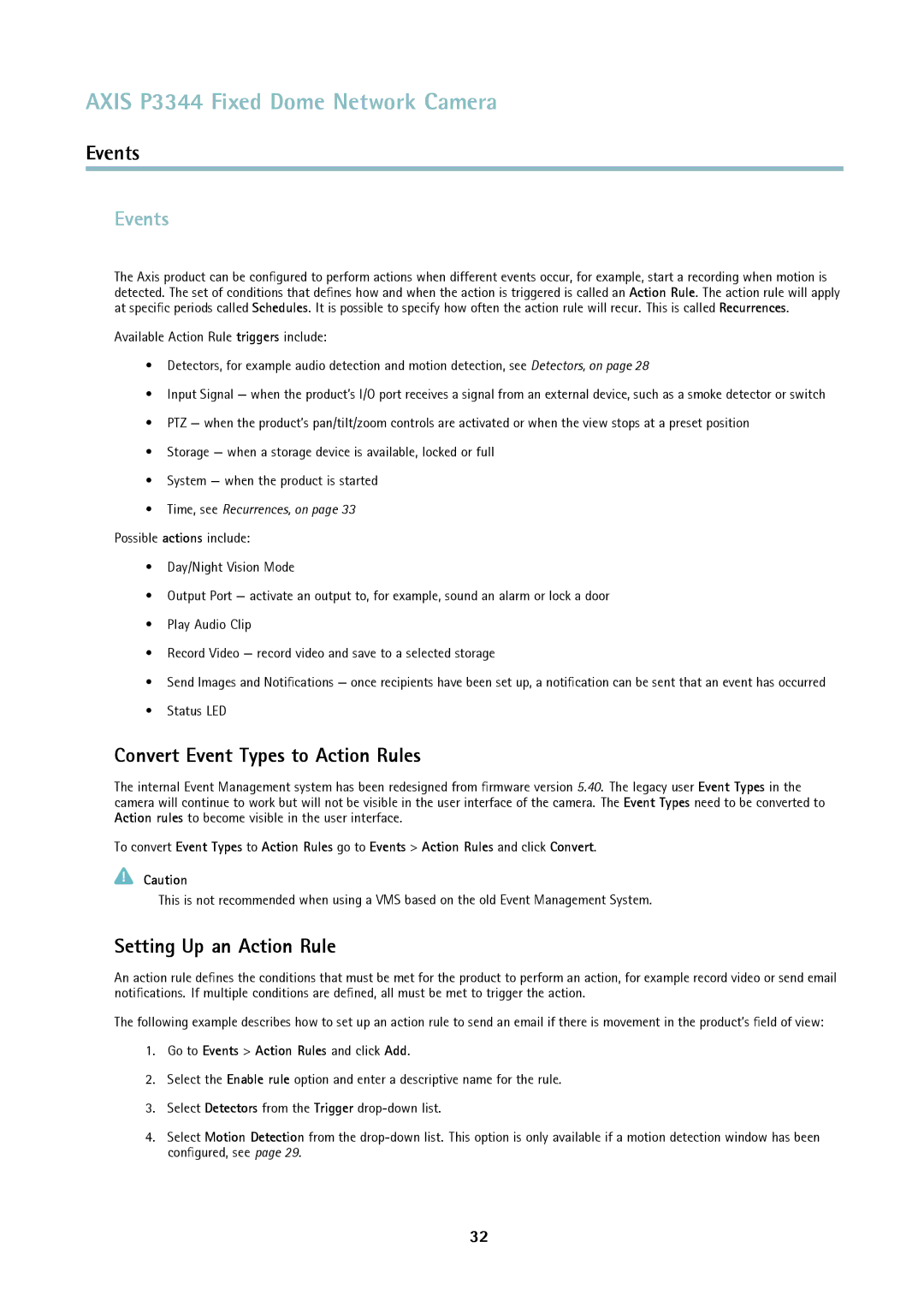 Axis Communications p3344 user manual Events, Convert Event Types to Action Rules, Setting Up an Action Rule 