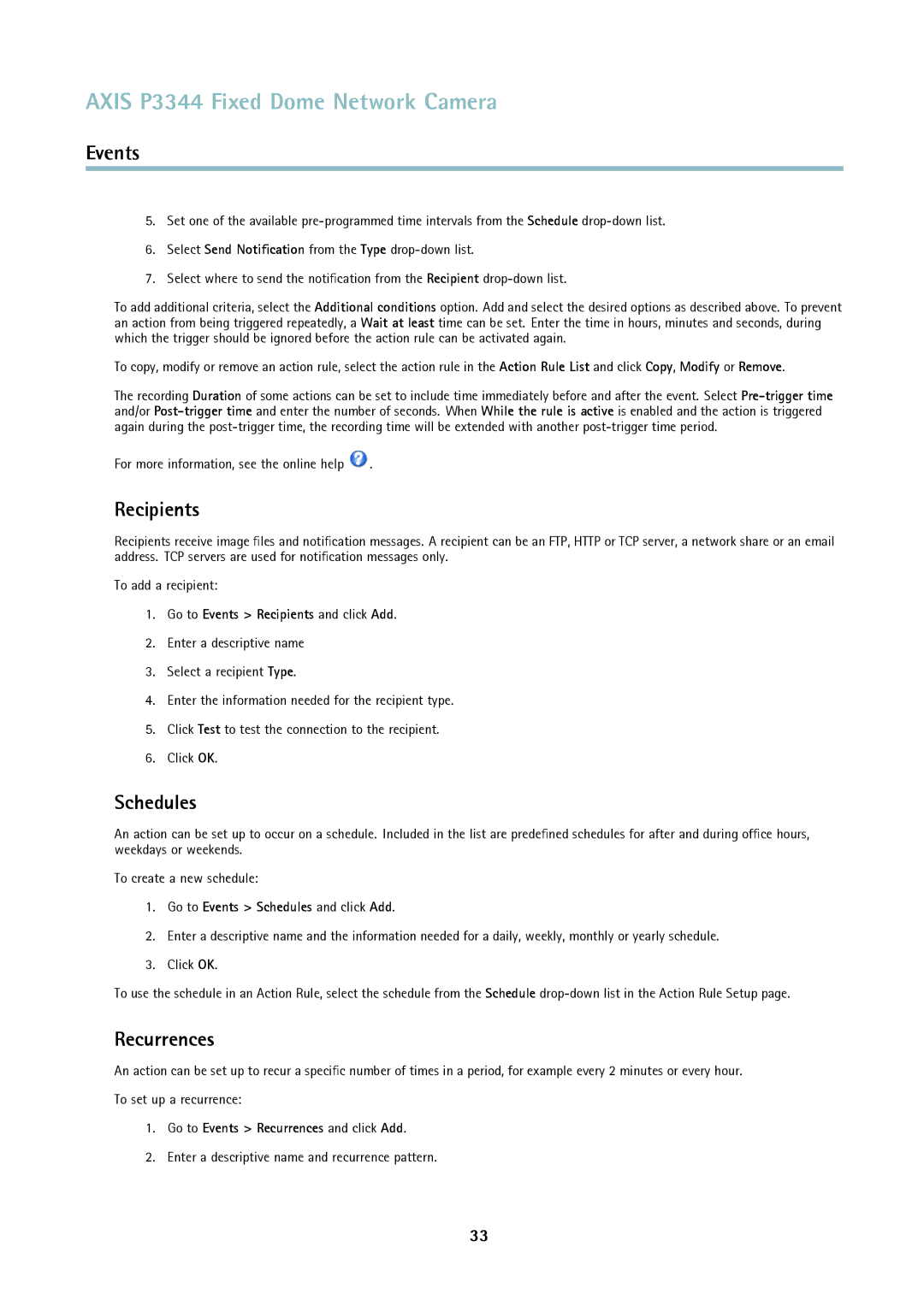 Axis Communications p3344 user manual Recipients, Schedules, Recurrences 