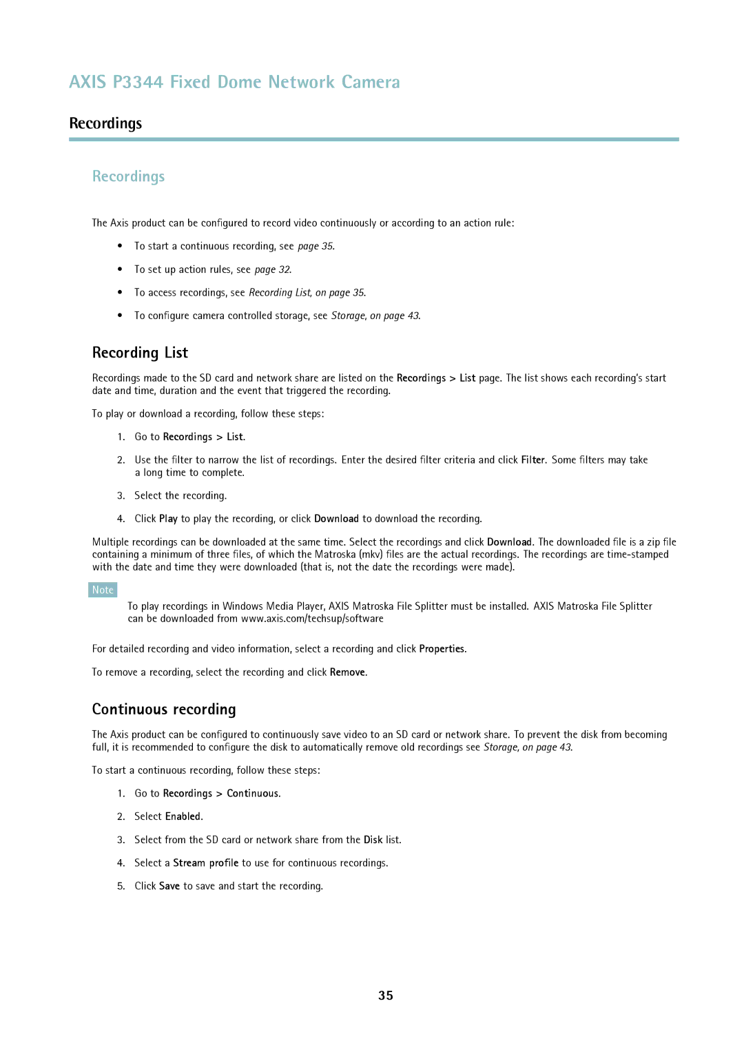 Axis Communications p3344 user manual Recordings, Recording List, Continuous recording 