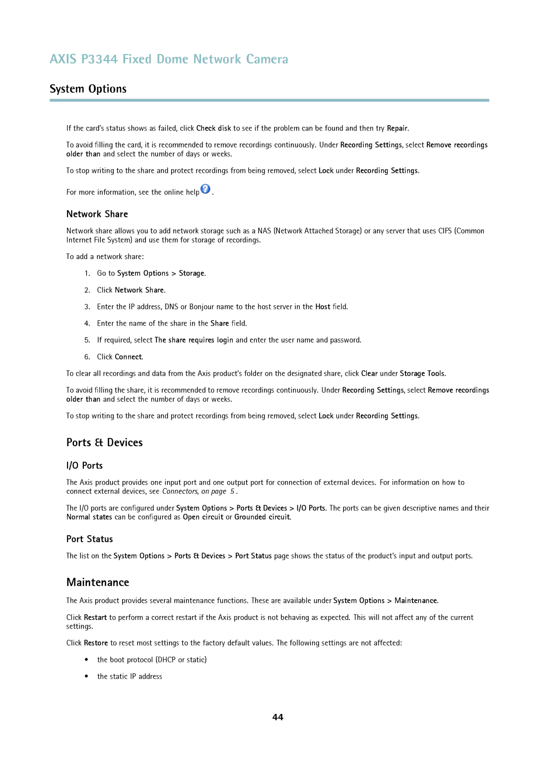 Axis Communications p3344 user manual Ports & Devices, Maintenance, Network Share, Port Status 