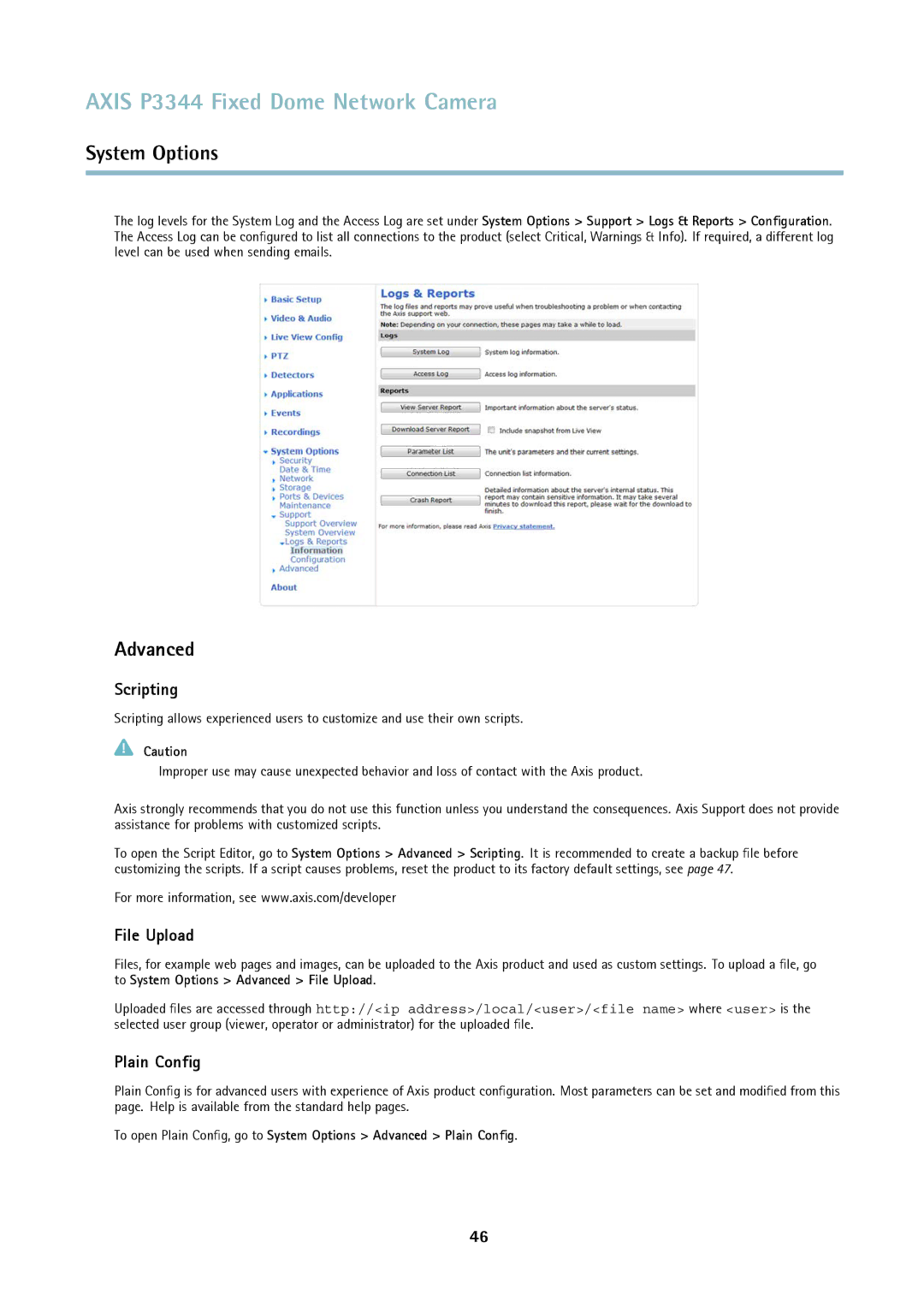 Axis Communications p3344 user manual Scripting, File Upload, Plain Conﬁg 