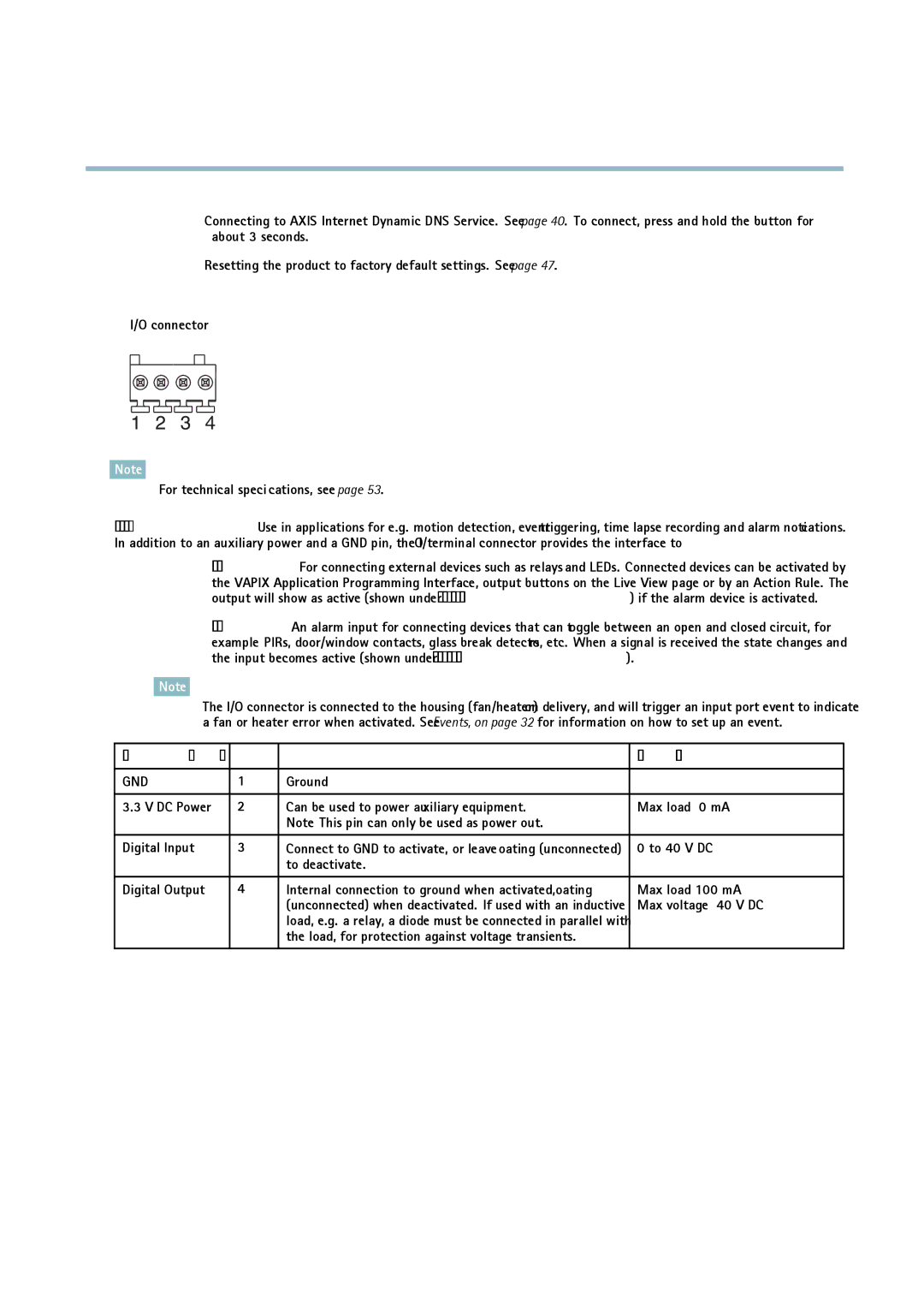 Axis Communications p3344 user manual Function Pin Speciﬁcations, Gnd 