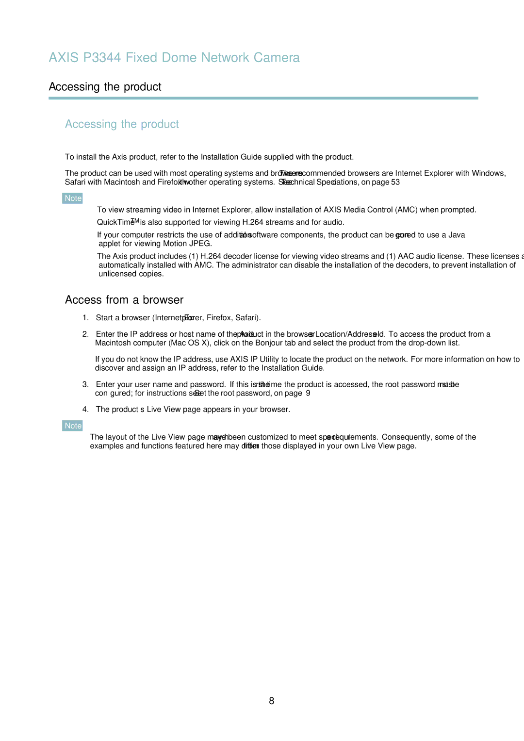 Axis Communications p3344 user manual Accessing the product, Access from a browser 