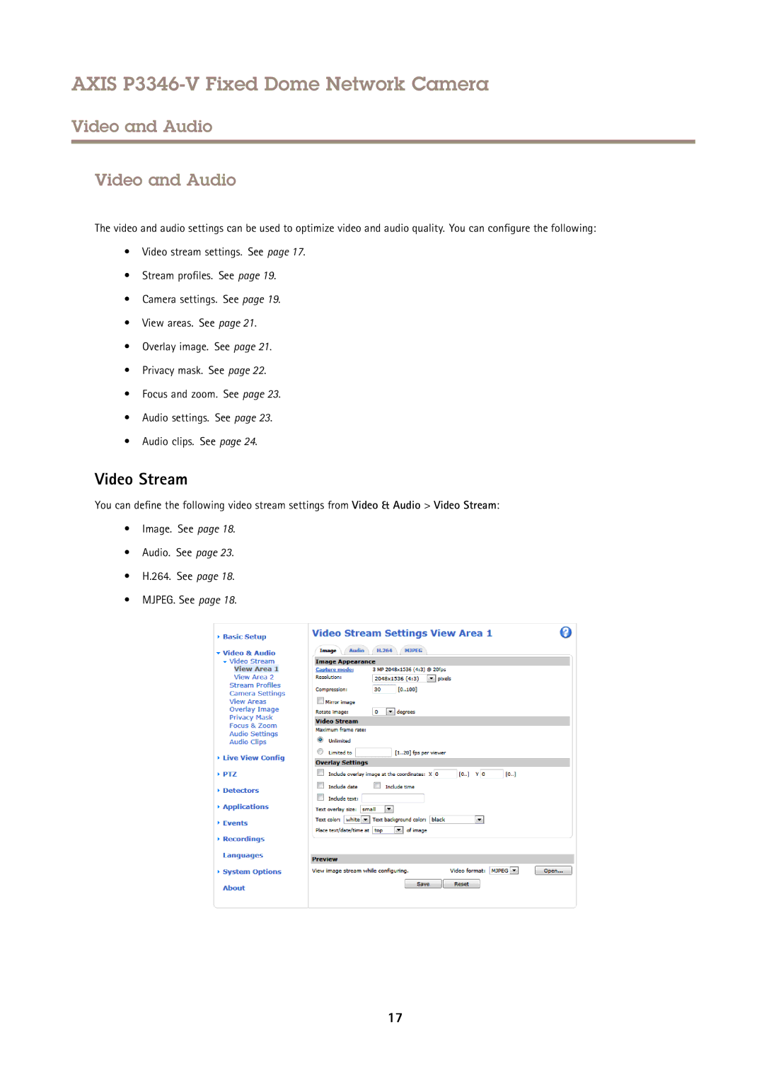 Axis Communications P3346-V user manual Video and Audio, Video Stream 