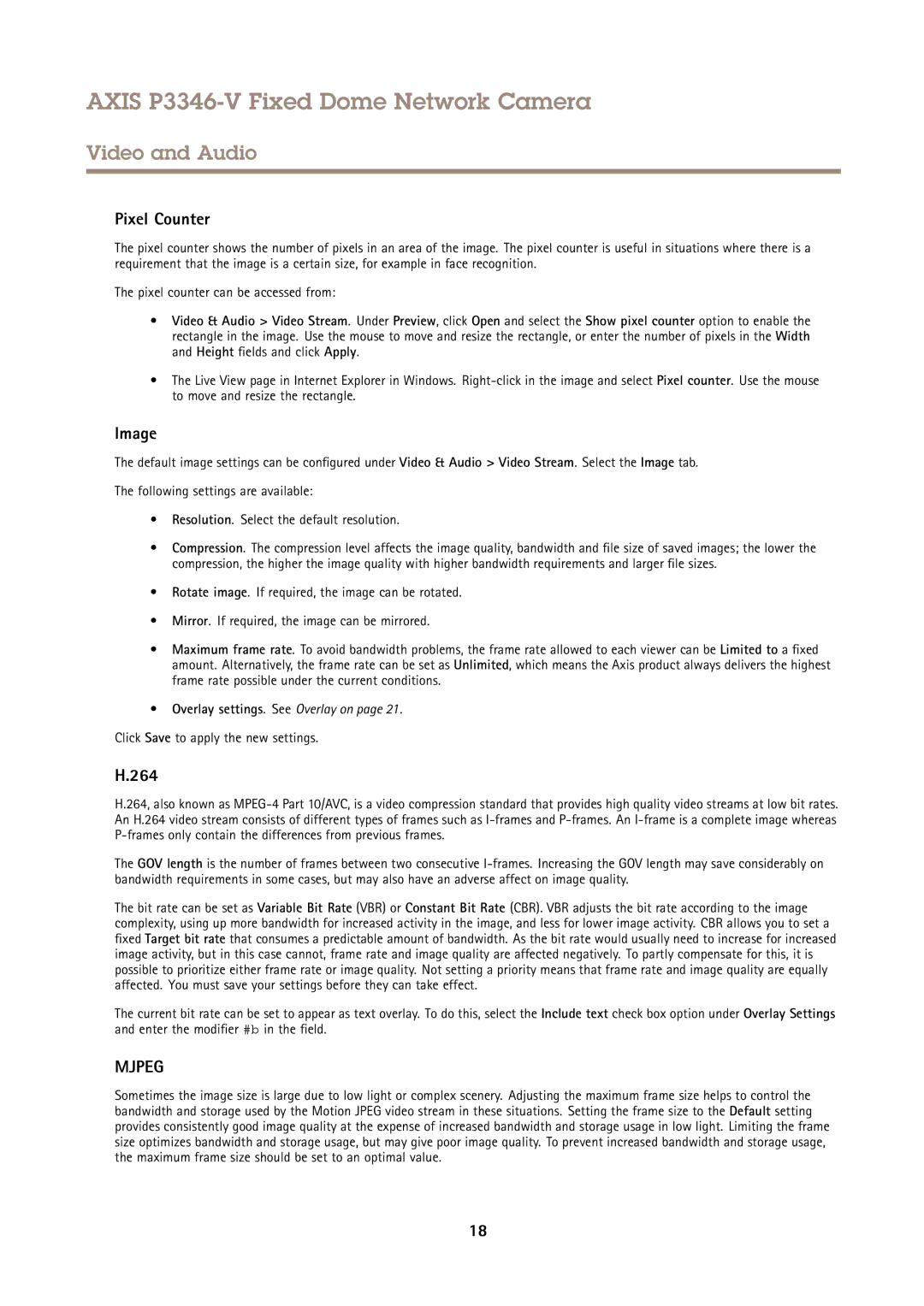 Axis Communications P3346-V user manual Pixel Counter, Image, 264, Click Save to apply the new settings 