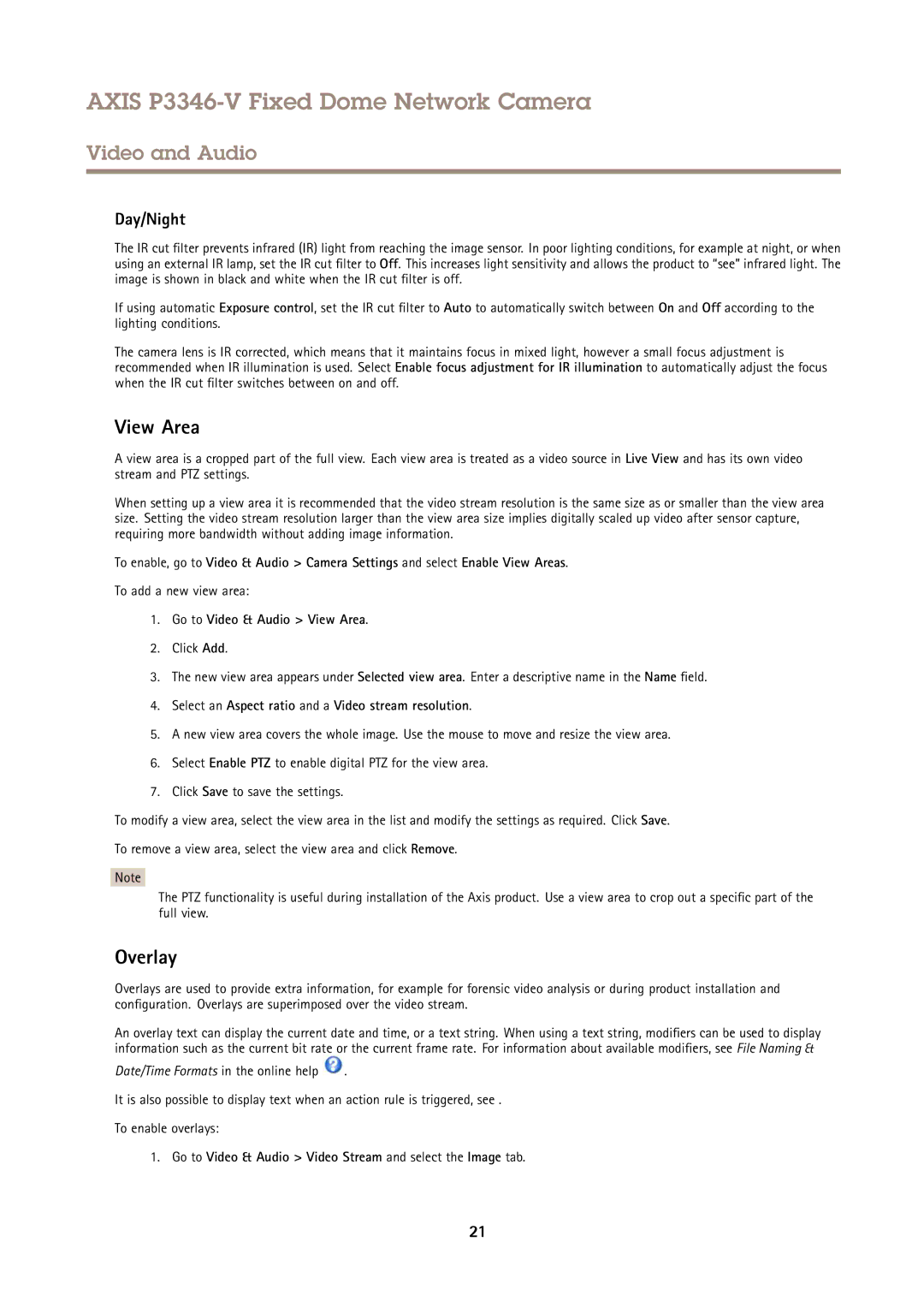 Axis Communications P3346-V user manual View Area, Overlay, Day/Night 