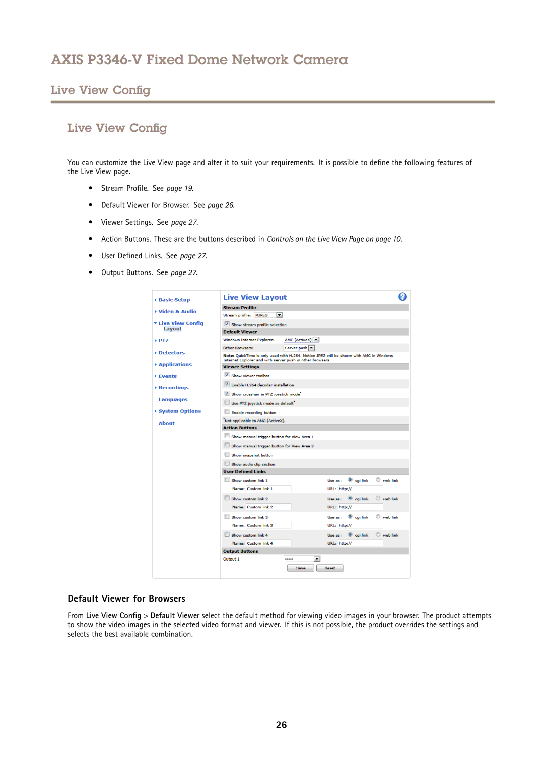 Axis Communications P3346-V user manual Live View Config, Default Viewer for Browsers 