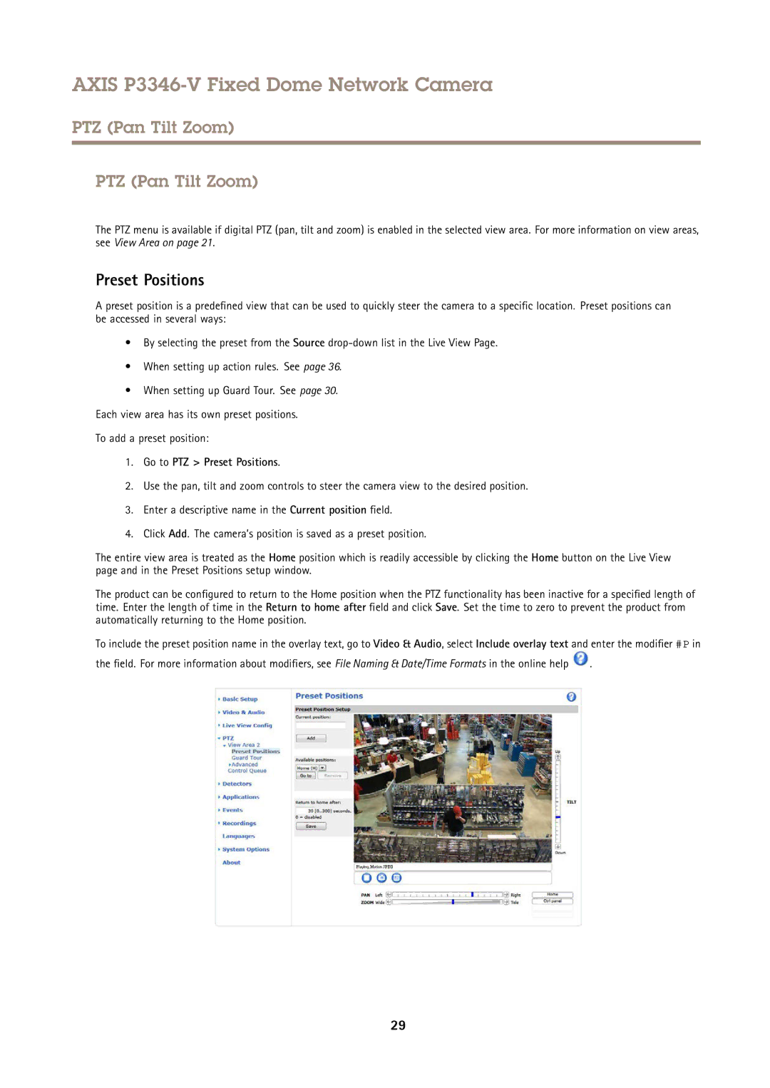 Axis Communications P3346-V user manual PTZ Pan Tilt Zoom, Go to PTZ Preset Positions 