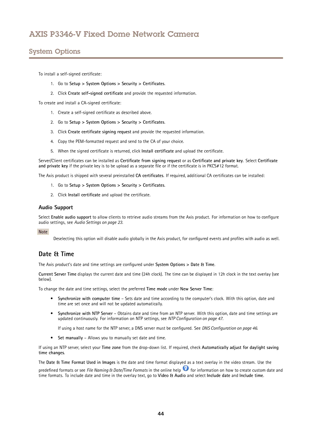 Axis Communications P3346-V user manual Date & Time, Audio Support, To install a self-signed certificate 