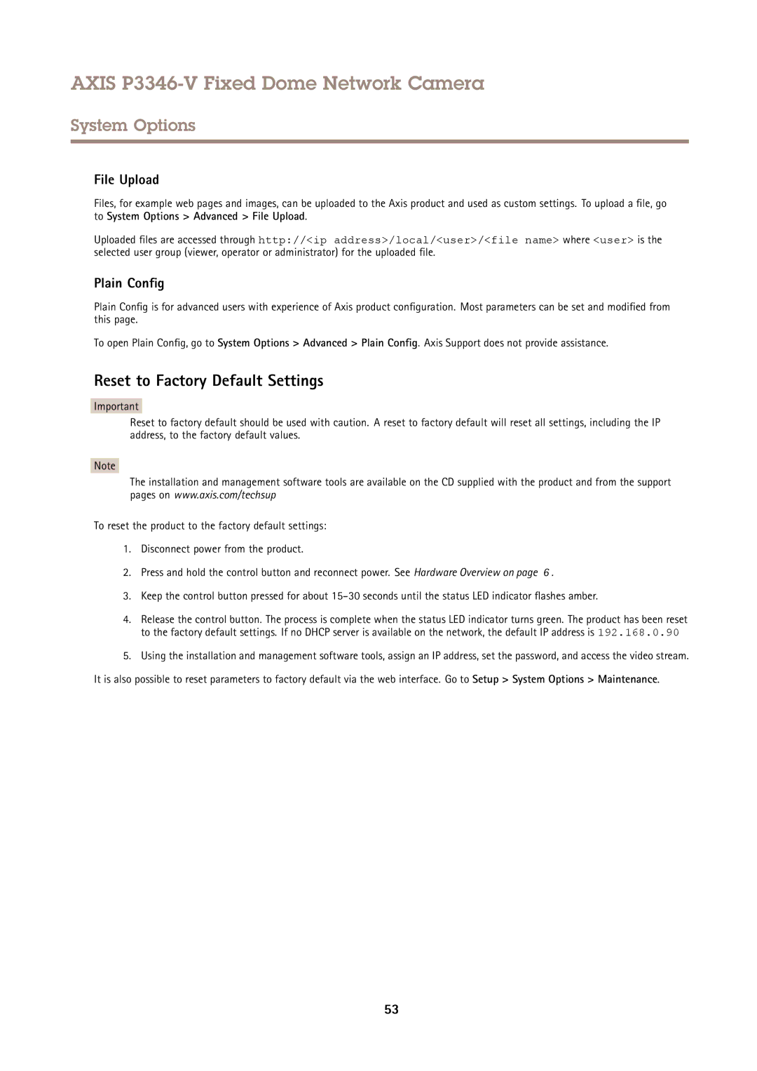 Axis Communications P3346-V user manual Reset to Factory Default Settings, File Upload, Plain Config 