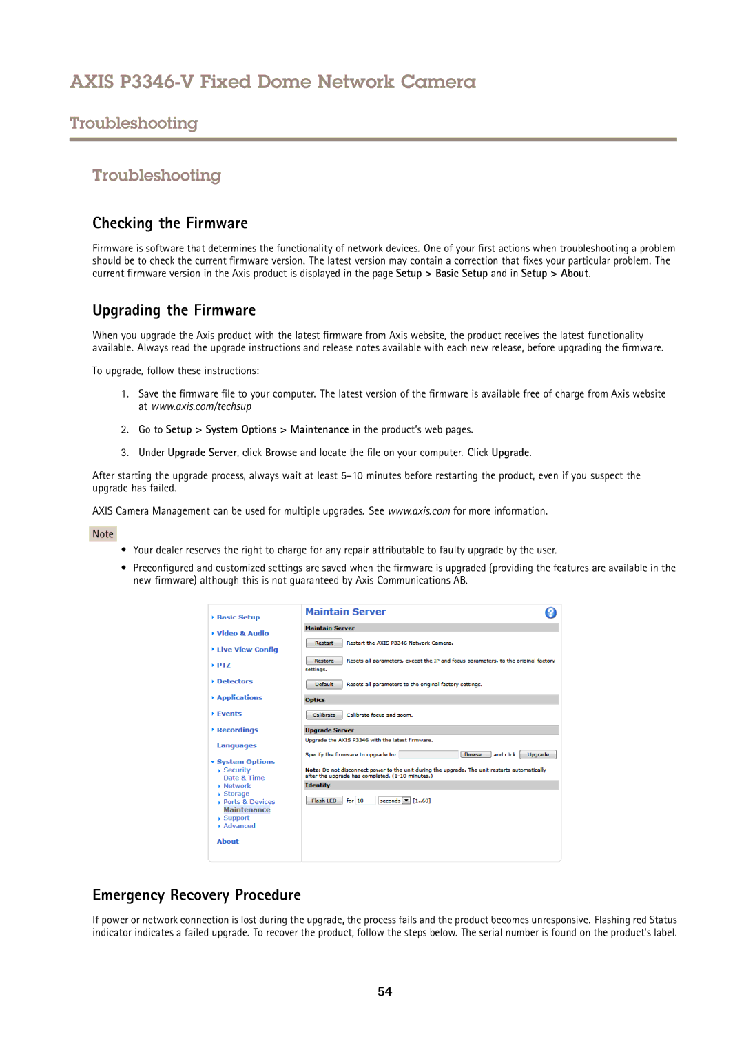 Axis Communications P3346-V Troubleshooting, Checking the Firmware, Upgrading the Firmware, Emergency Recovery Procedure 