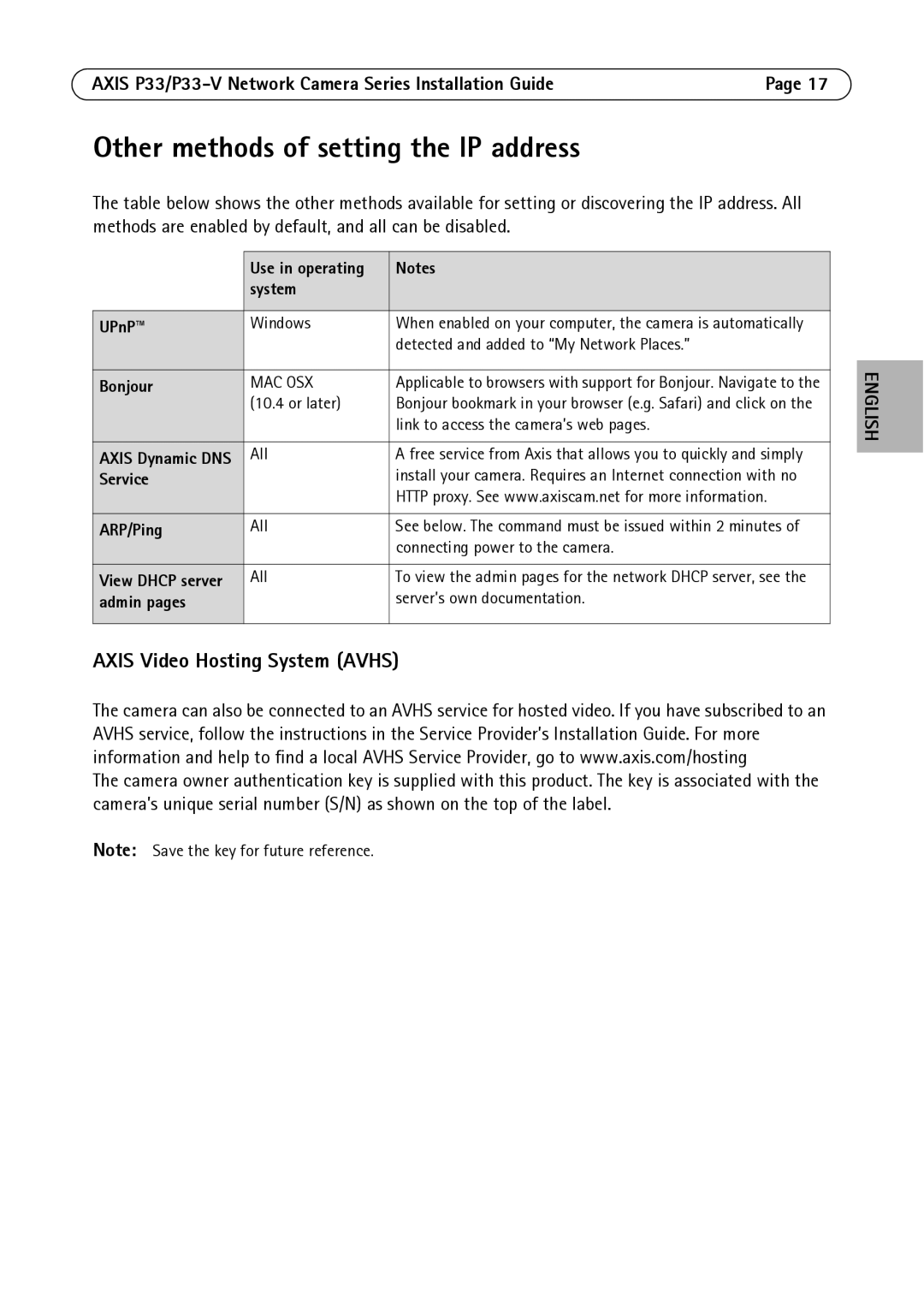 Axis Communications P3346-V manual Other methods of setting the IP address, Axis Video Hosting System Avhs 