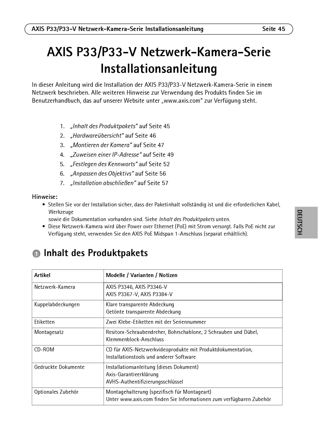 Axis Communications P3346-V manual Inhalt des Produktpakets, Axis P33/P33-V Netzwerk-Kamera-Serie Installationsanleitung 