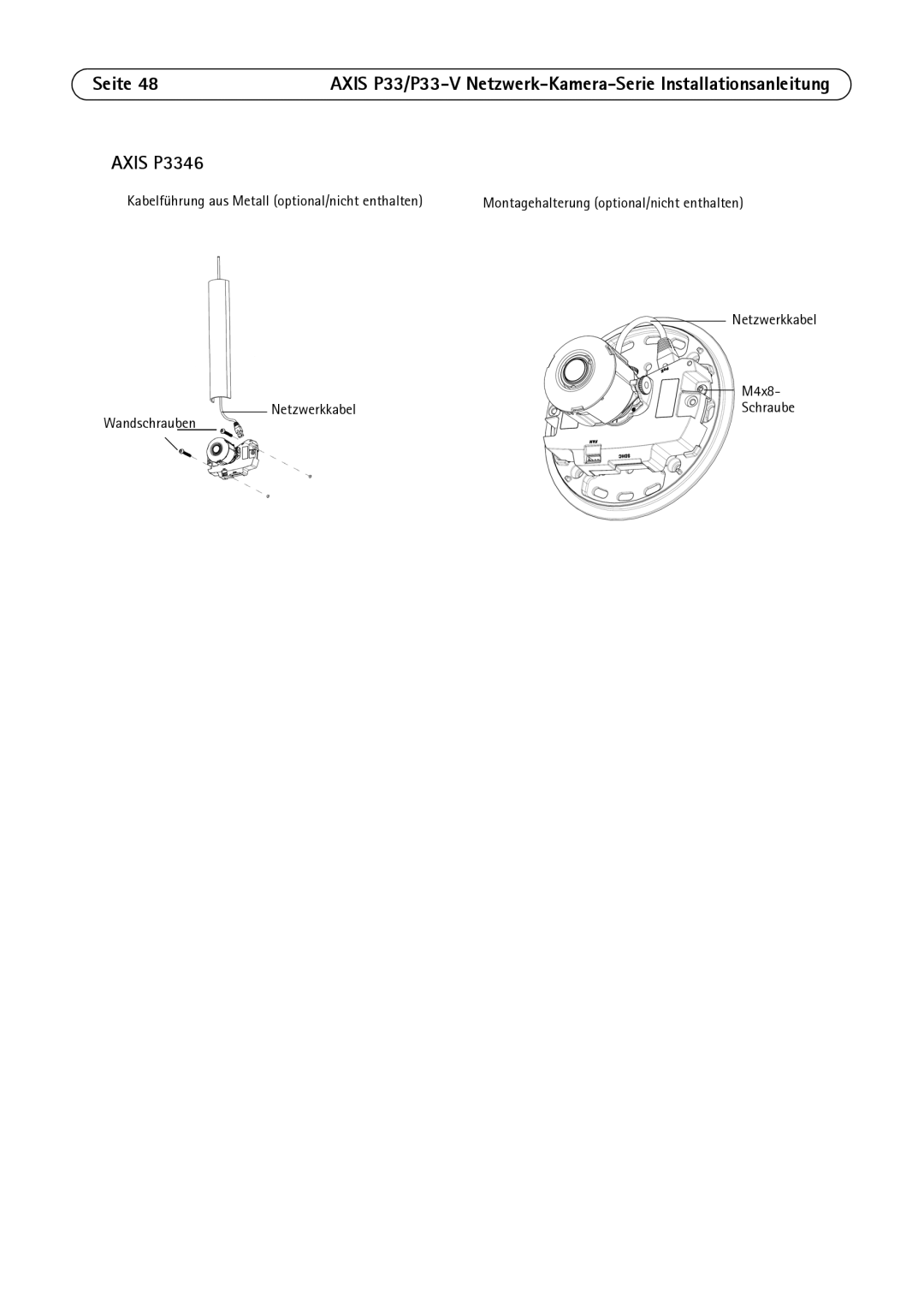 Axis Communications P3346-V manual Kabelführung aus Metall optional/nicht enthalten 