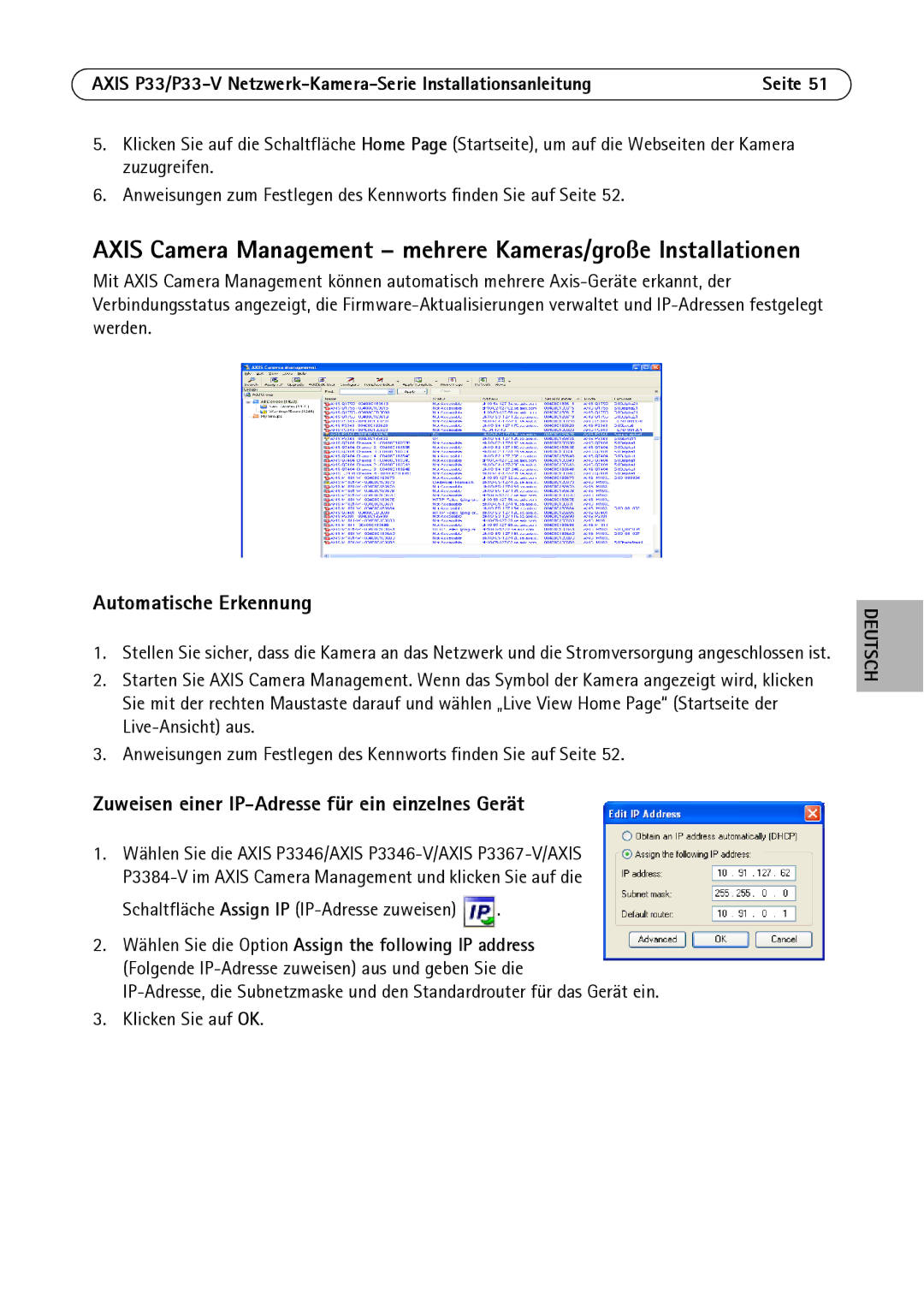 Axis Communications P3346-V manual Axis Camera Management mehrere Kameras/große Installationen 