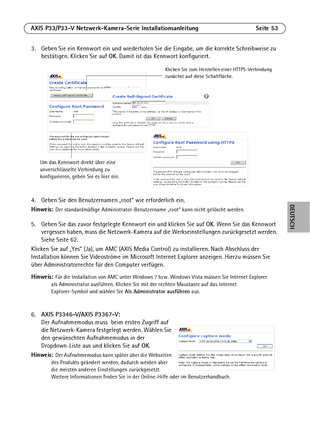 Axis Communications P3346-V manual Geben Sie den Benutzernamen „root wie erforderlich ein 