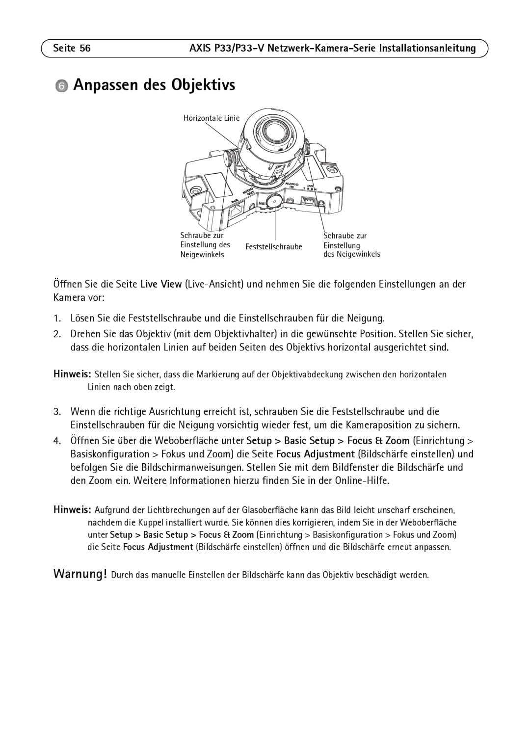 Axis Communications P3346-V manual Anpassen des Objektivs 