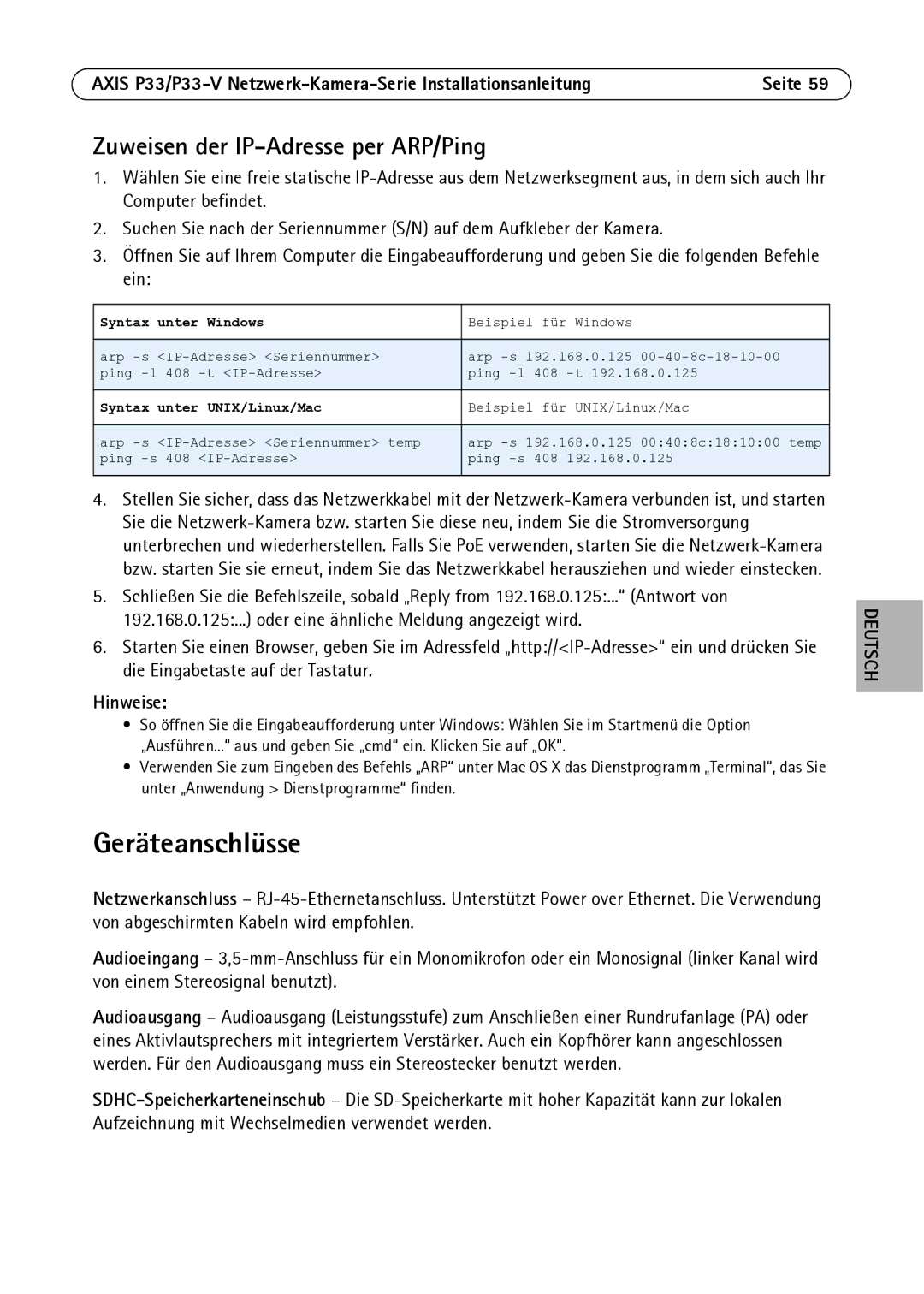 Axis Communications P3346-V manual Geräteanschlüsse, Zuweisen der IP-Adresse per ARP/Ping 