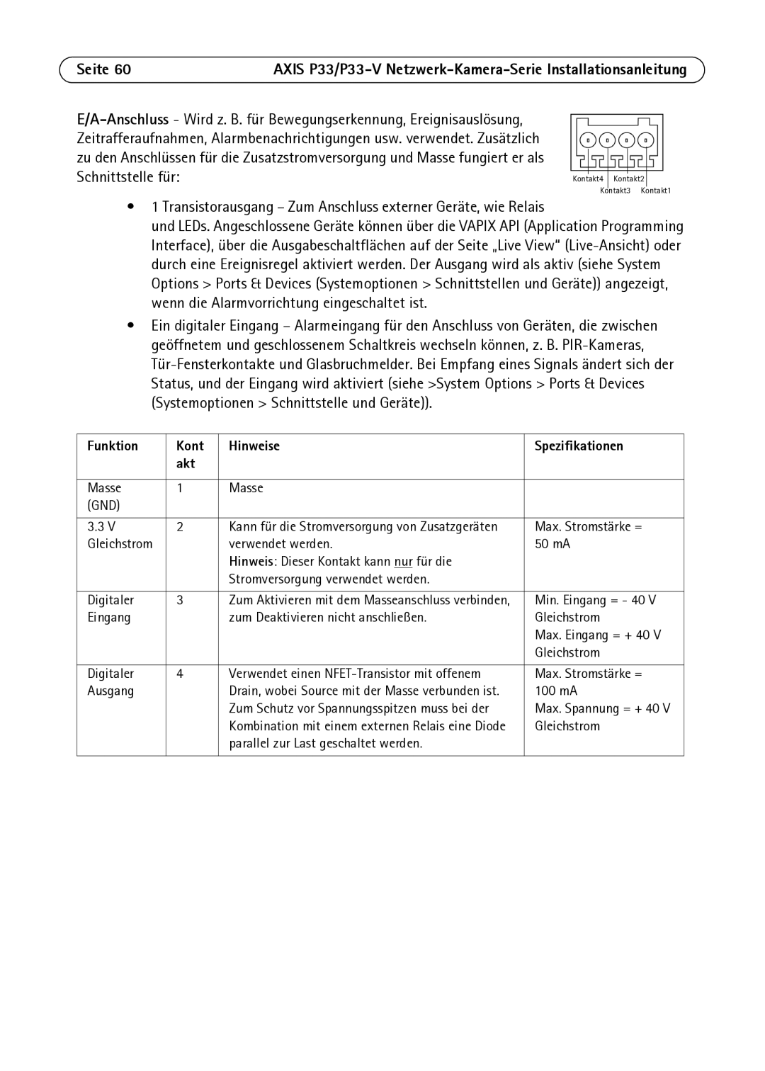 Axis Communications P3346-V manual Transistorausgang Zum Anschluss externer Geräte, wie Relais 