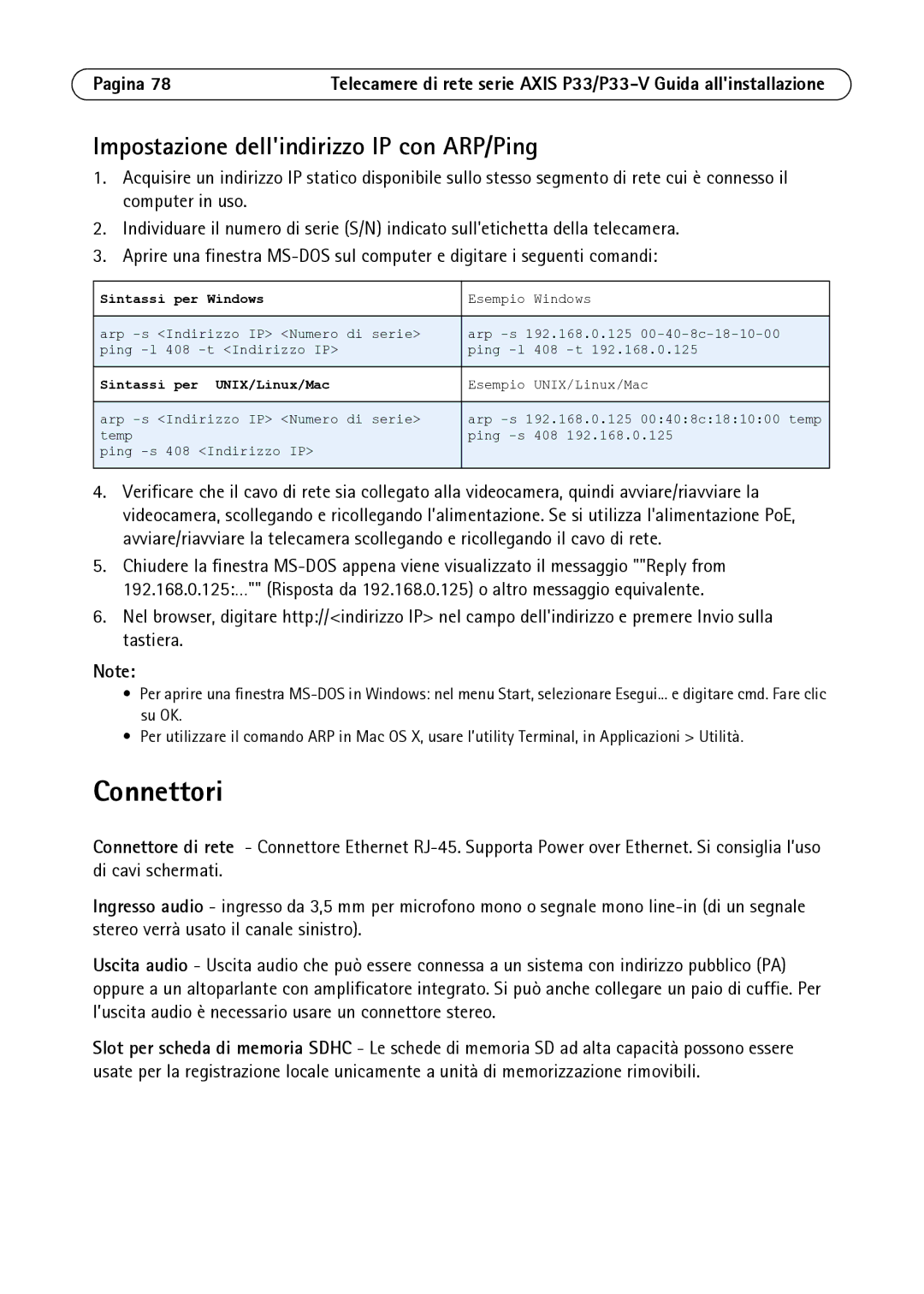 Axis Communications P3346-V manual Connettori, Impostazione dellindirizzo IP con ARP/Ping 