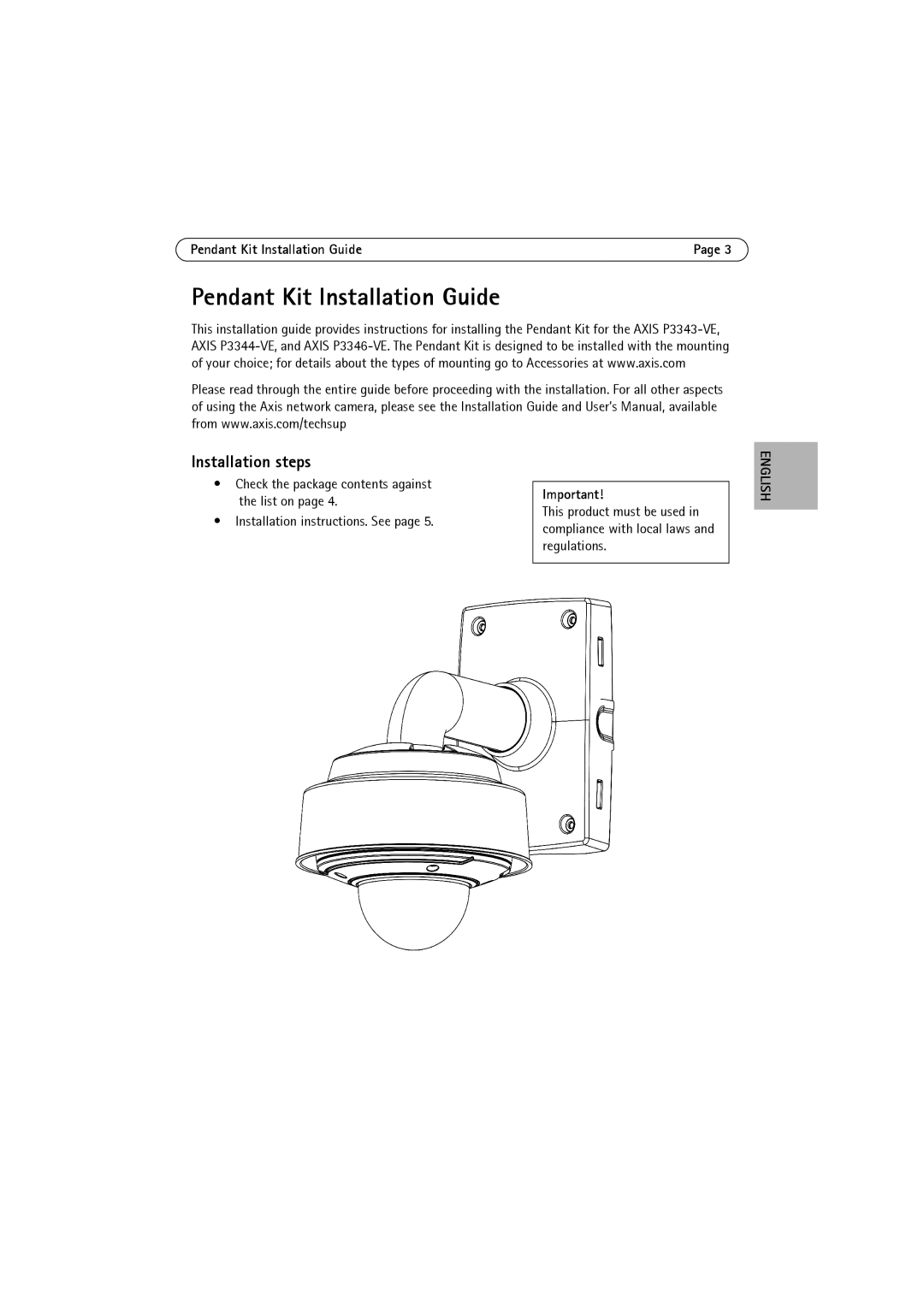 Axis Communications P3346-VE, P3344-VE, P3343-VE manual Pendant Kit Installation Guide, Installation steps 