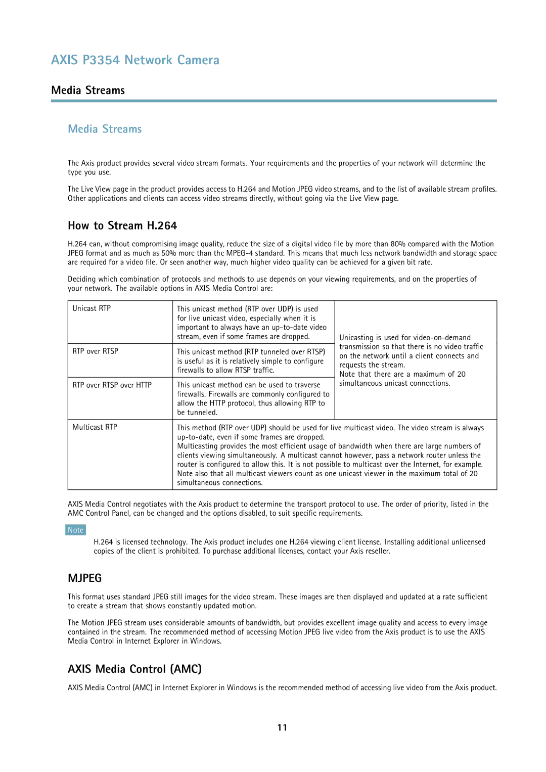 Axis Communications P3354 user manual Media Streams, How to Stream H.264, Axis Media Control AMC 