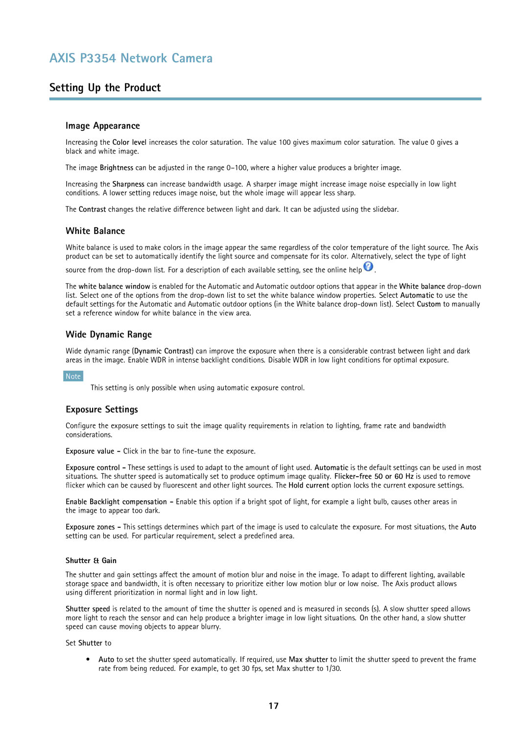 Axis Communications P3354 user manual Image Appearance, White Balance, Wide Dynamic Range, Exposure Settings 