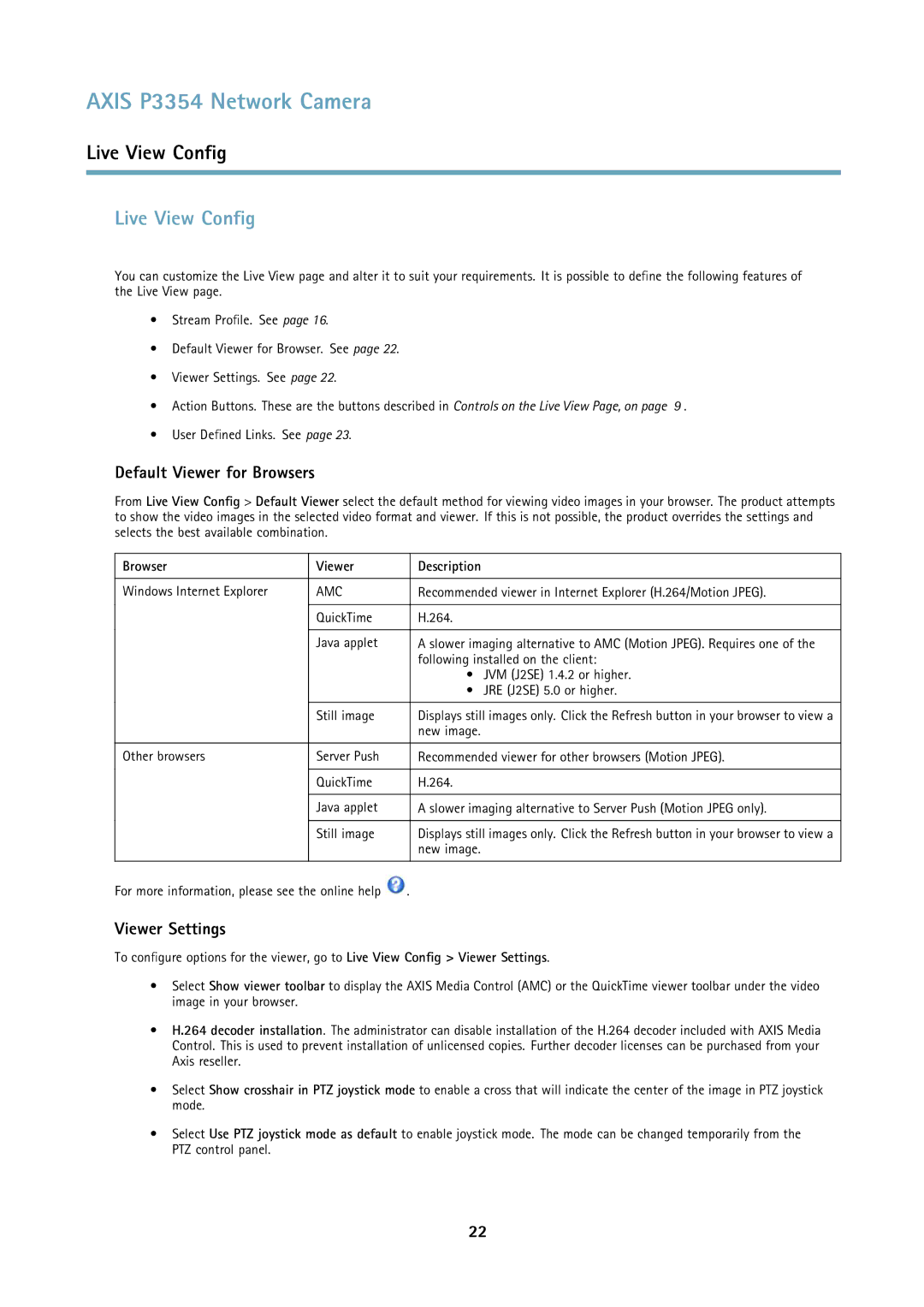 Axis Communications P3354 Live View Config, Default Viewer for Browsers, Viewer Settings, Browser Viewer Description 