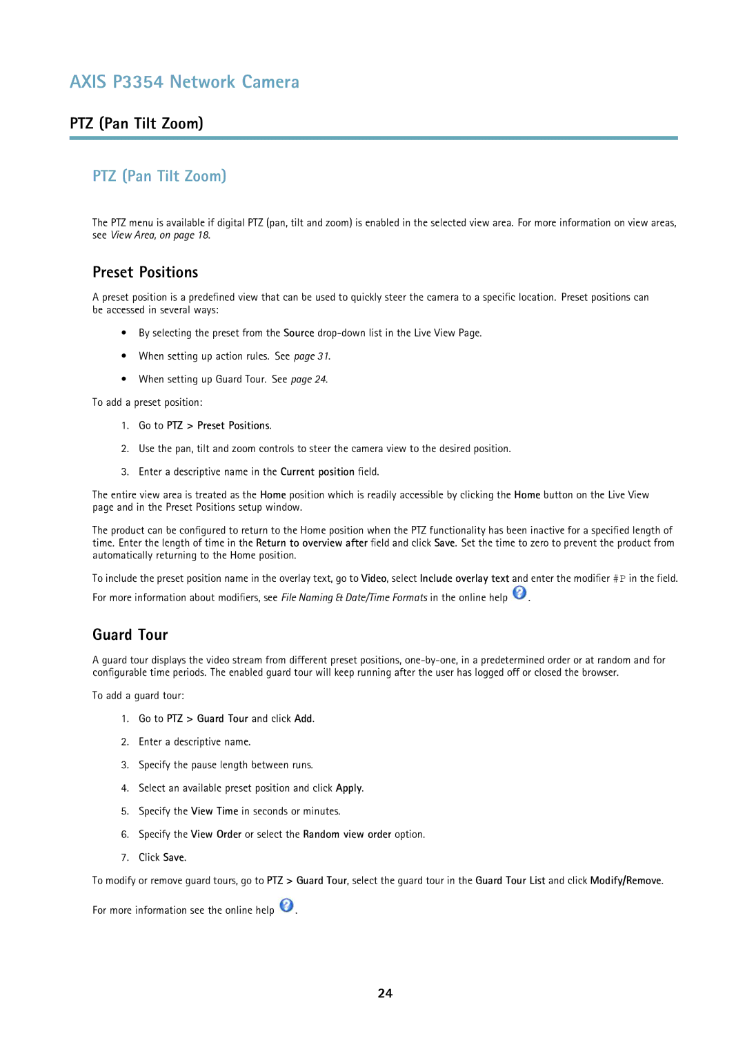 Axis Communications P3354 user manual PTZ Pan Tilt Zoom, Preset Positions, Guard Tour 