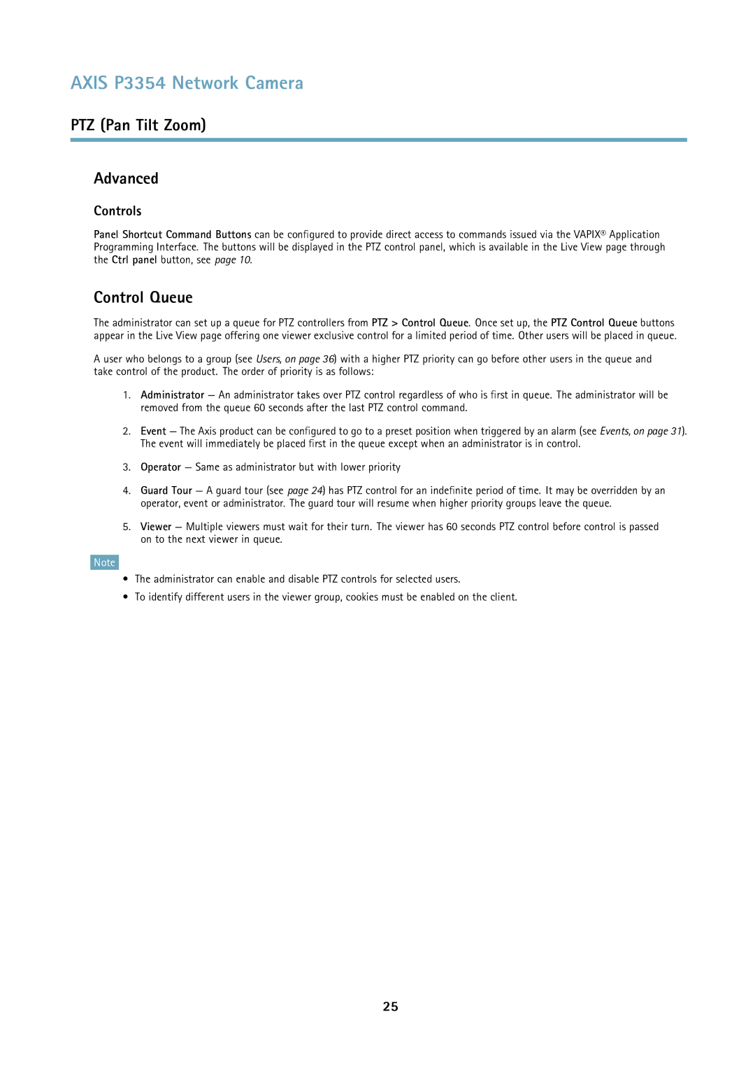 Axis Communications P3354 user manual PTZ Pan Tilt Zoom Advanced, Control Queue, Controls 