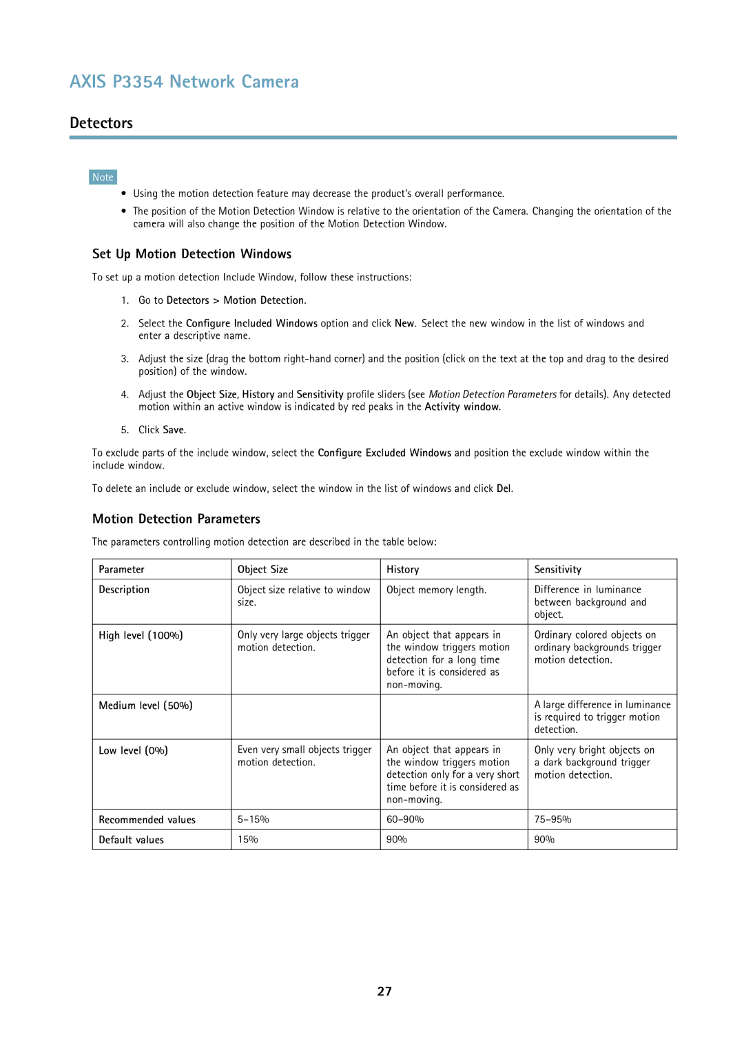 Axis Communications P3354 user manual Set Up Motion Detection Windows, Motion Detection Parameters 