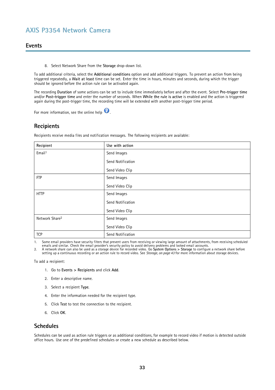 Axis Communications P3354 user manual Schedules, Recipient Use with action, Go to Events Recipients and click Add 