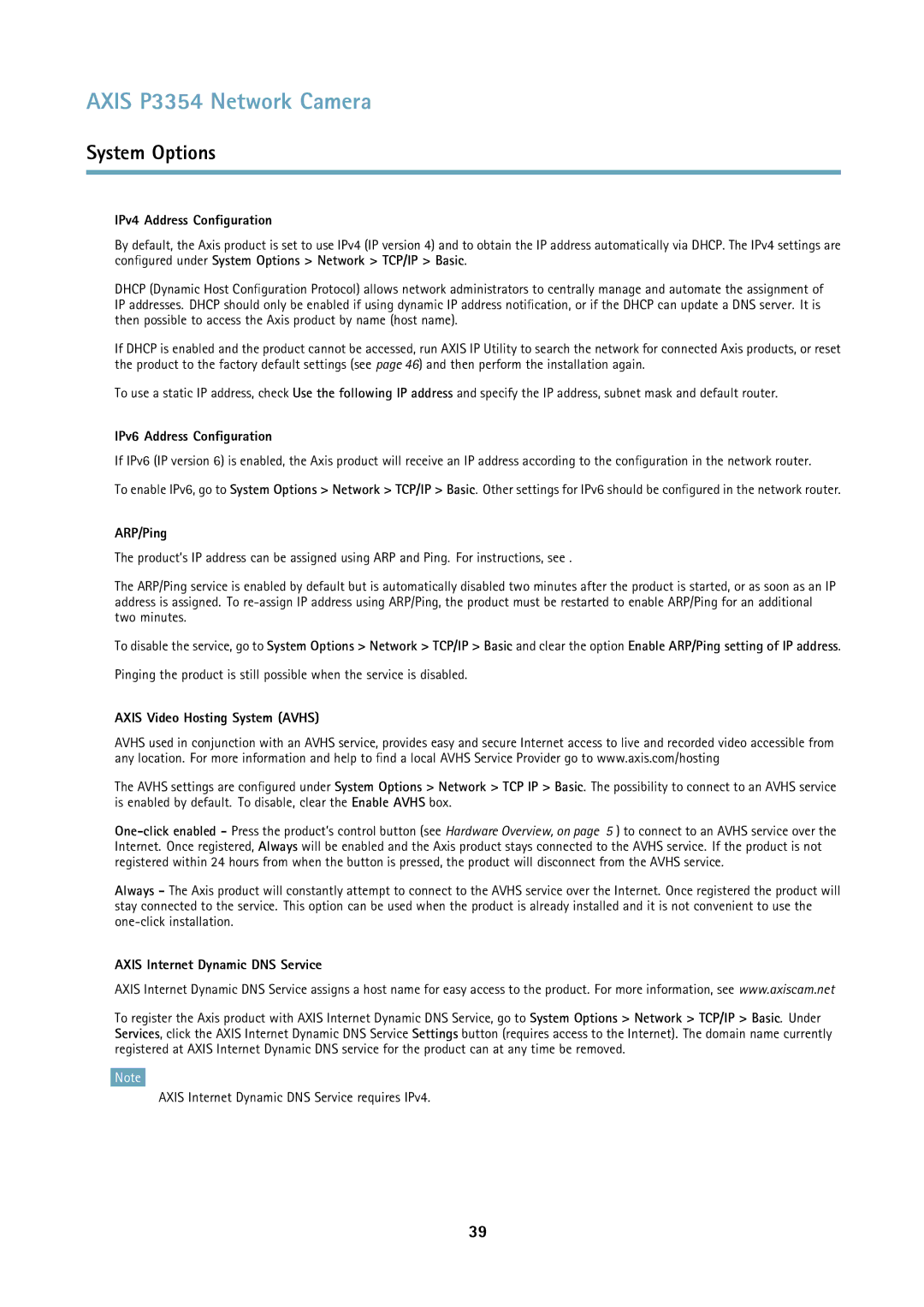 Axis Communications P3354 IPv4 Address Configuration, IPv6 Address Configuration, ARP/Ping, Axis Video Hosting System Avhs 