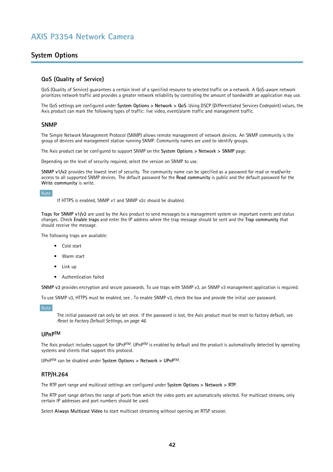 Axis Communications P3354 user manual QoS Quality of Service, UPnPTM, RTP/H.264 