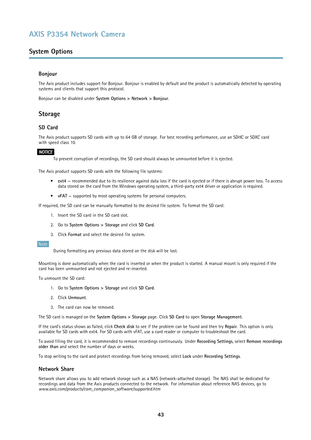 Axis Communications P3354 user manual Bonjour, Network Share, Go to System Options Storage and click SD Card 