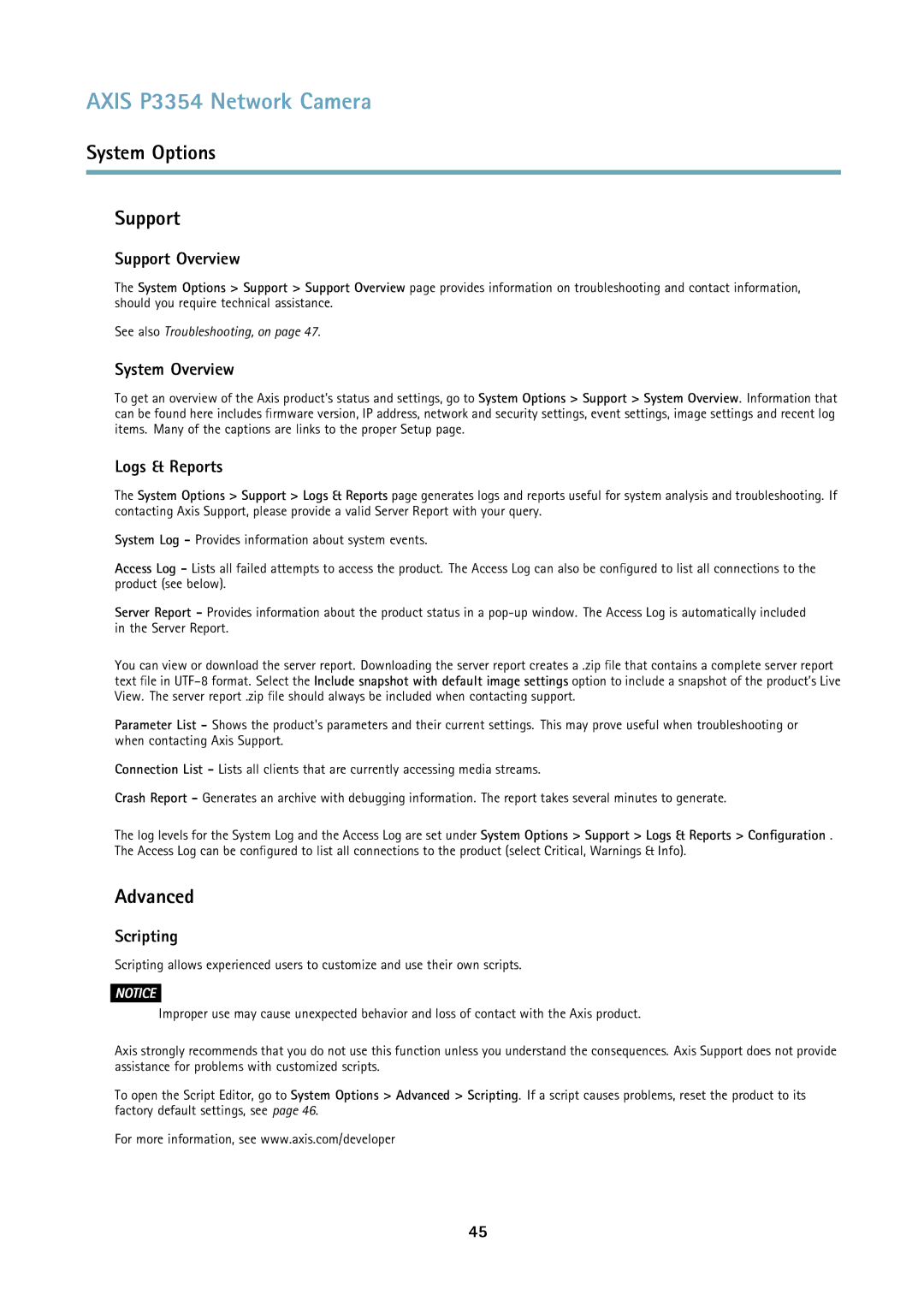 Axis Communications P3354 user manual System Options Support, Support Overview, System Overview, Logs & Reports, Scripting 