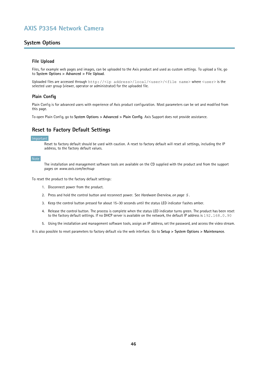 Axis Communications P3354 user manual Reset to Factory Default Settings, File Upload, Plain Config 