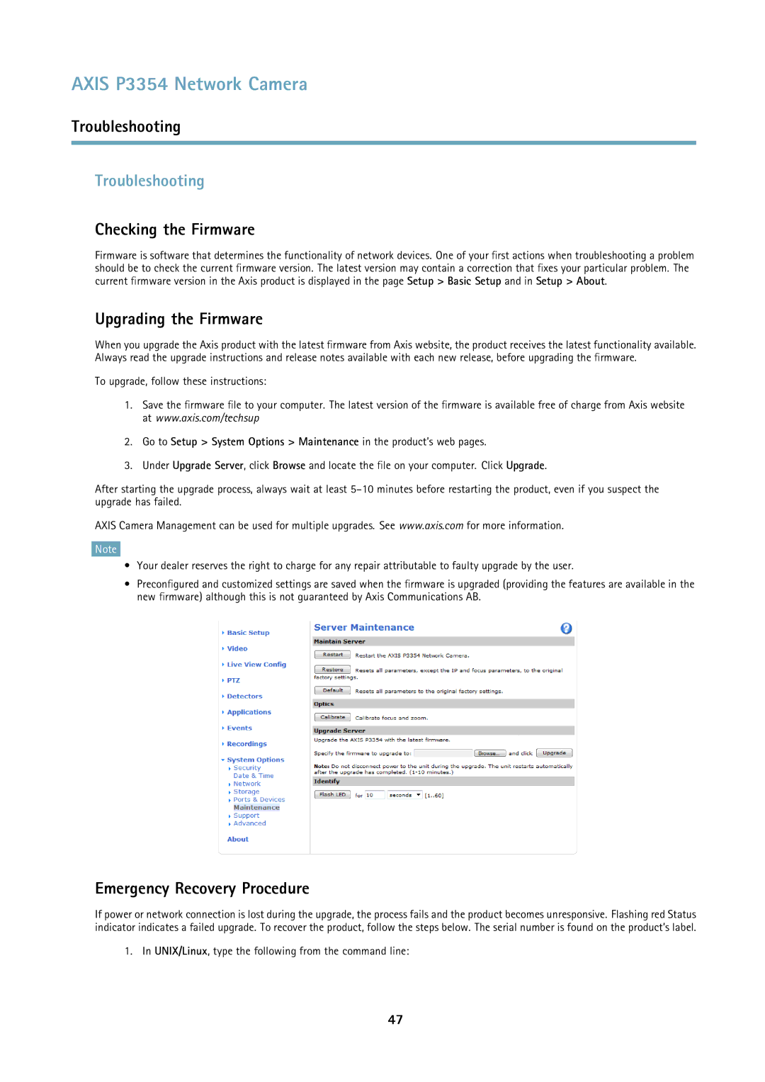Axis Communications P3354 Troubleshooting, Checking the Firmware, Upgrading the Firmware, Emergency Recovery Procedure 