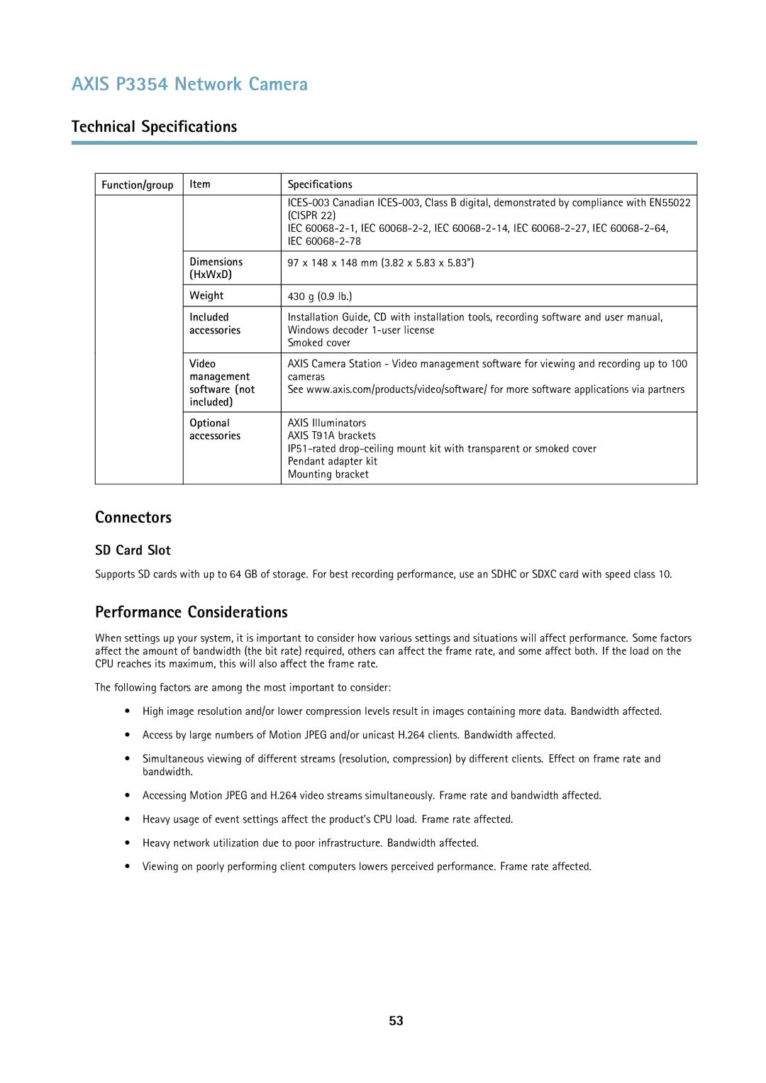 Axis Communications P3354 user manual Connectors, Performance Considerations 