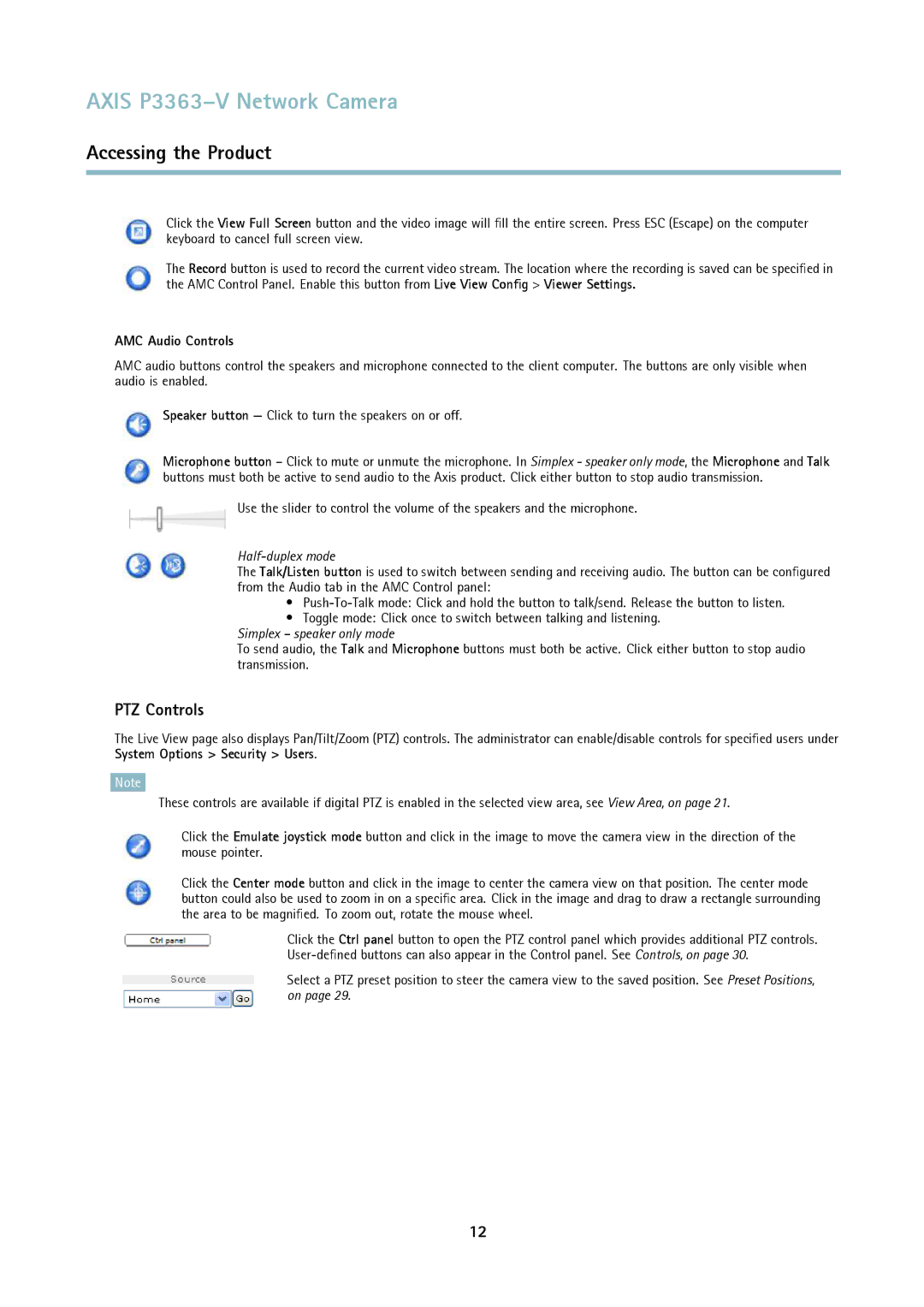 Axis Communications P3363-V user manual PTZ Controls, AMC Audio Controls 