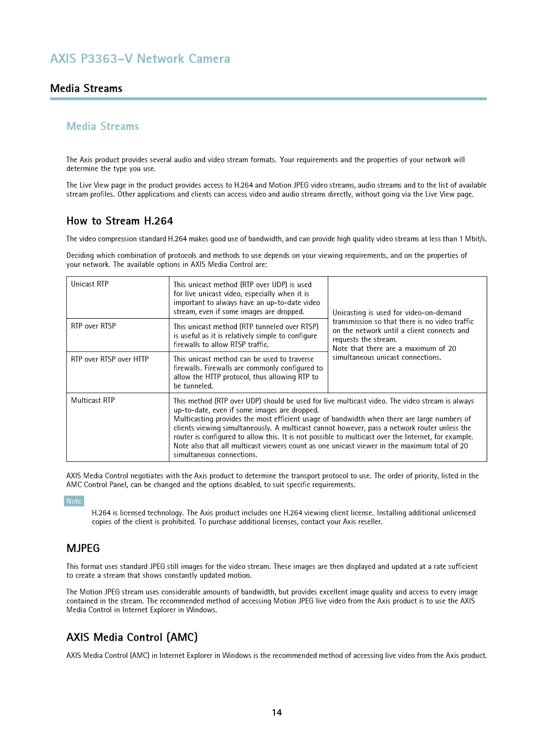 Axis Communications P3363-V user manual Media Streams, How to Stream H.264, Axis Media Control AMC 