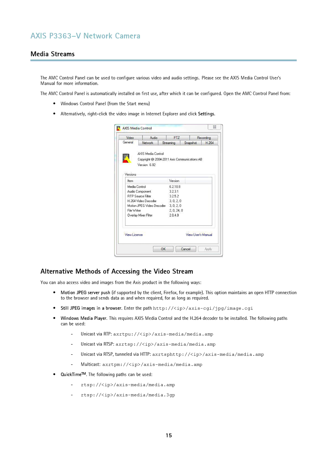 Axis Communications P3363-V user manual Alternative Methods of Accessing the Video Stream 