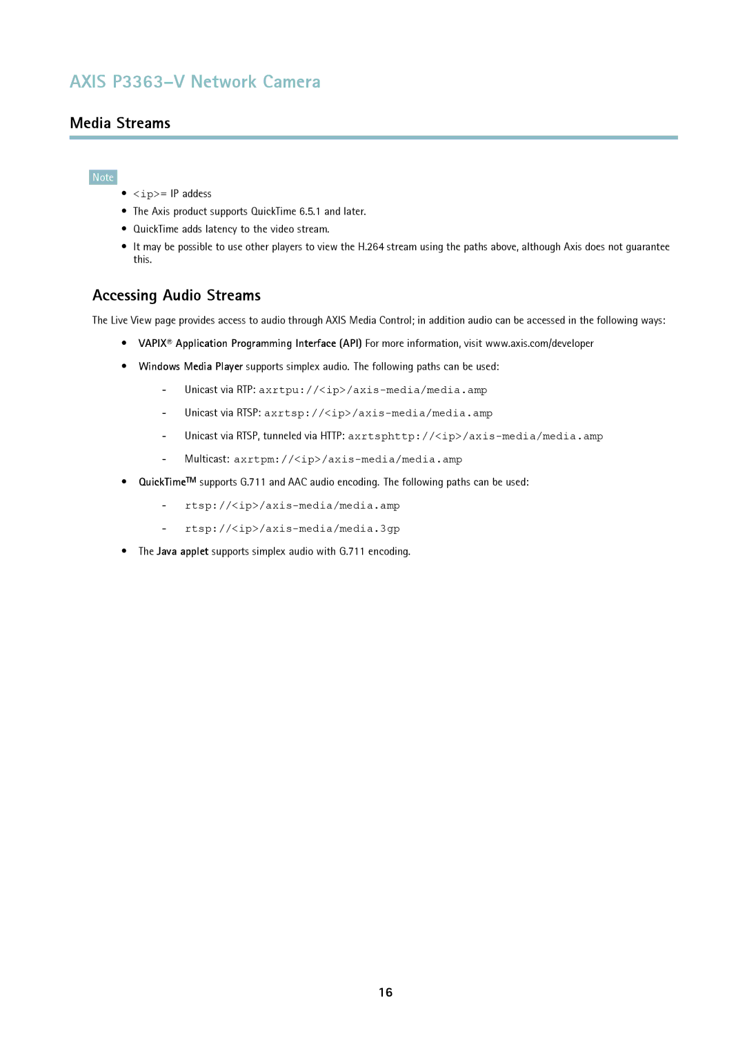 Axis Communications P3363-V user manual Accessing Audio Streams 