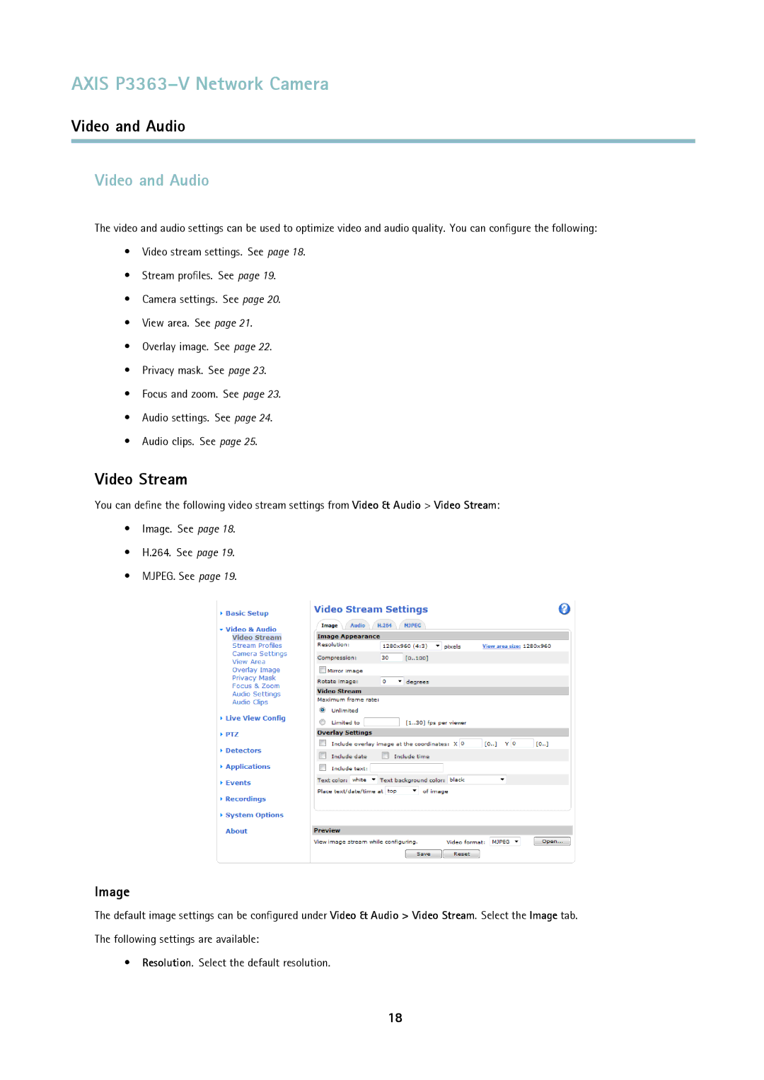 Axis Communications P3363-V user manual Video and Audio, Video Stream, Image 