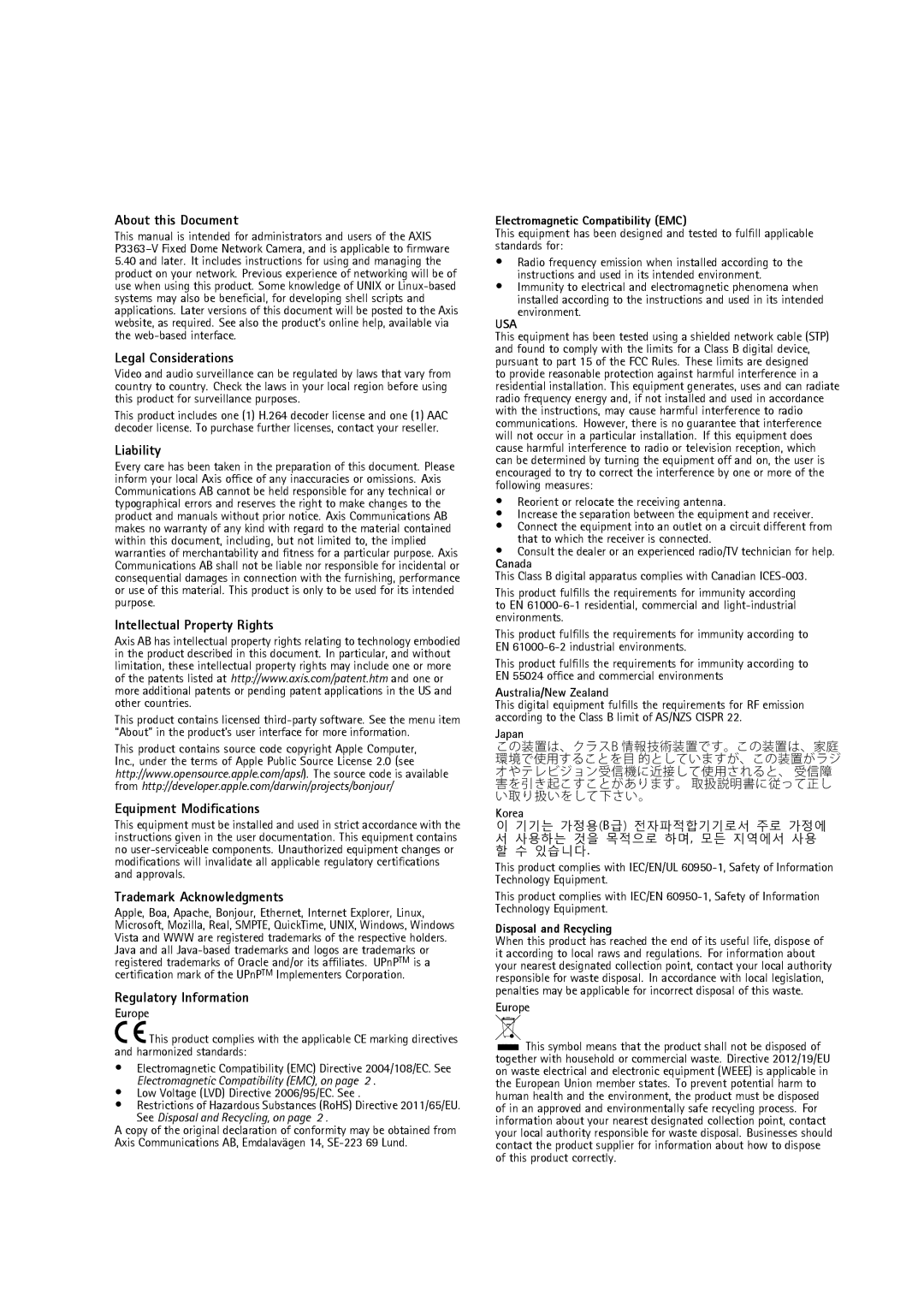 Axis Communications P3363-V user manual About this Document, Legal Considerations, Liability, Intellectual Property Rights 