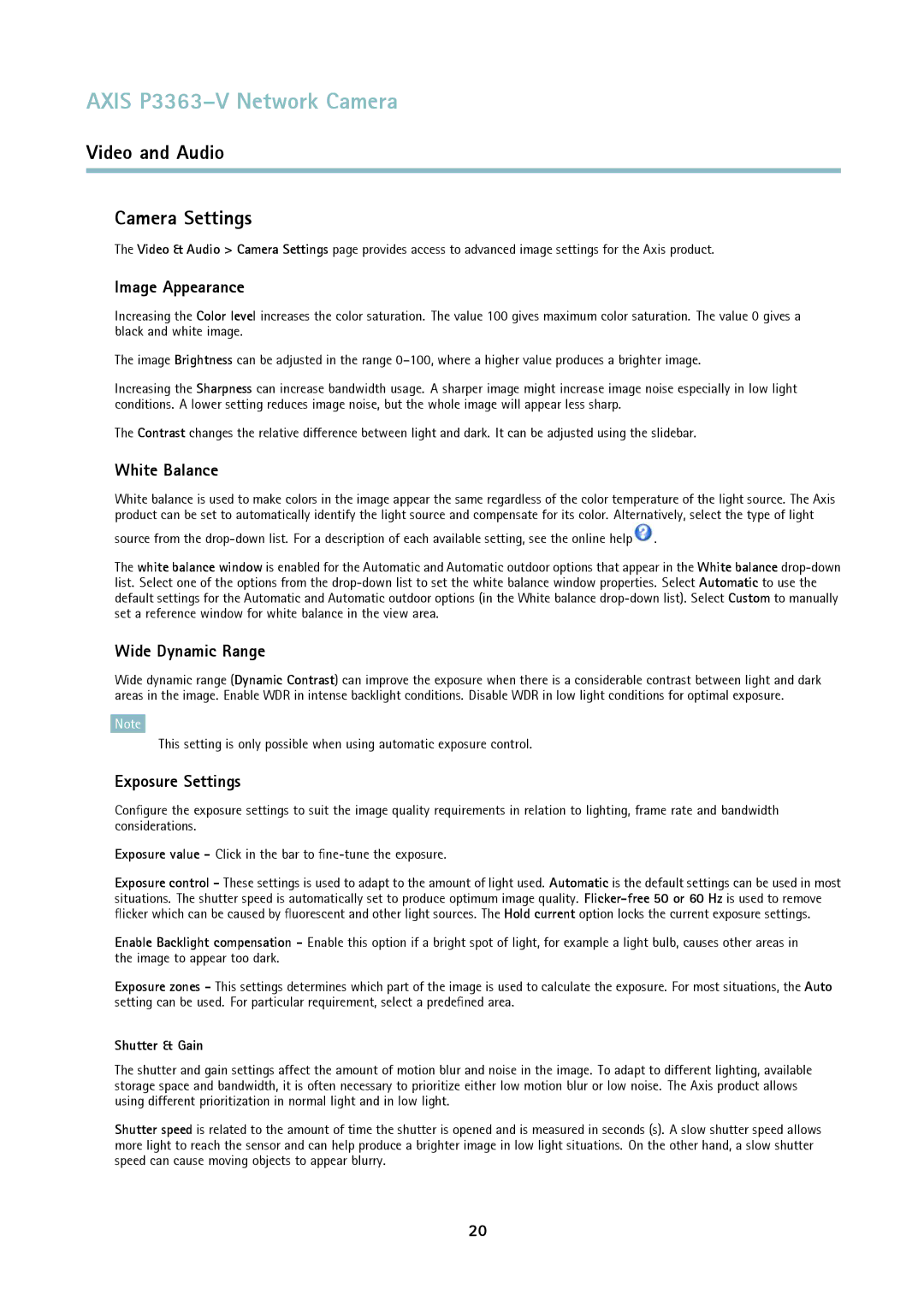 Axis Communications P3363-V Video and Audio Camera Settings, Image Appearance, White Balance, Wide Dynamic Range 